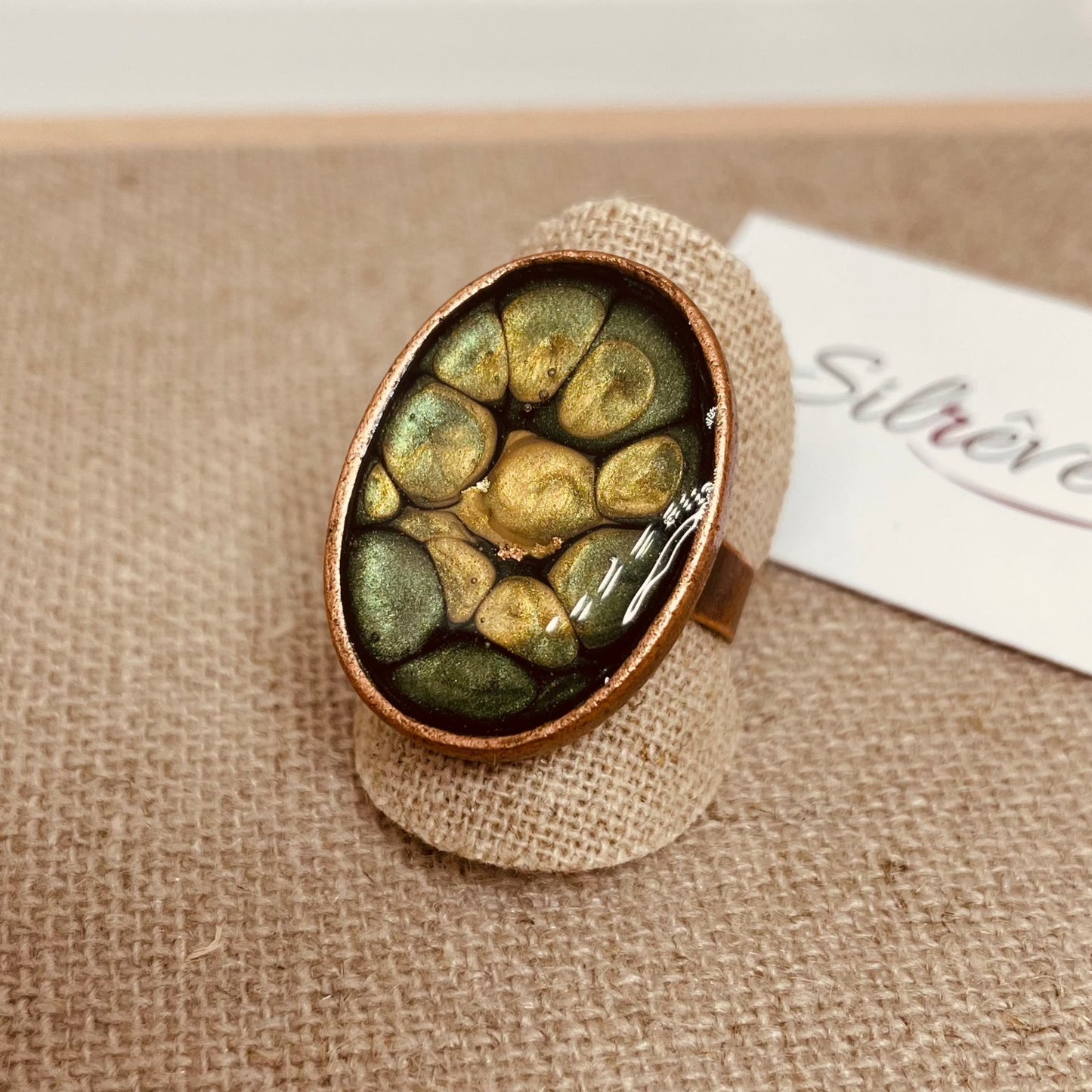 Oval copper ring, adjustable, hand painted and vitrified