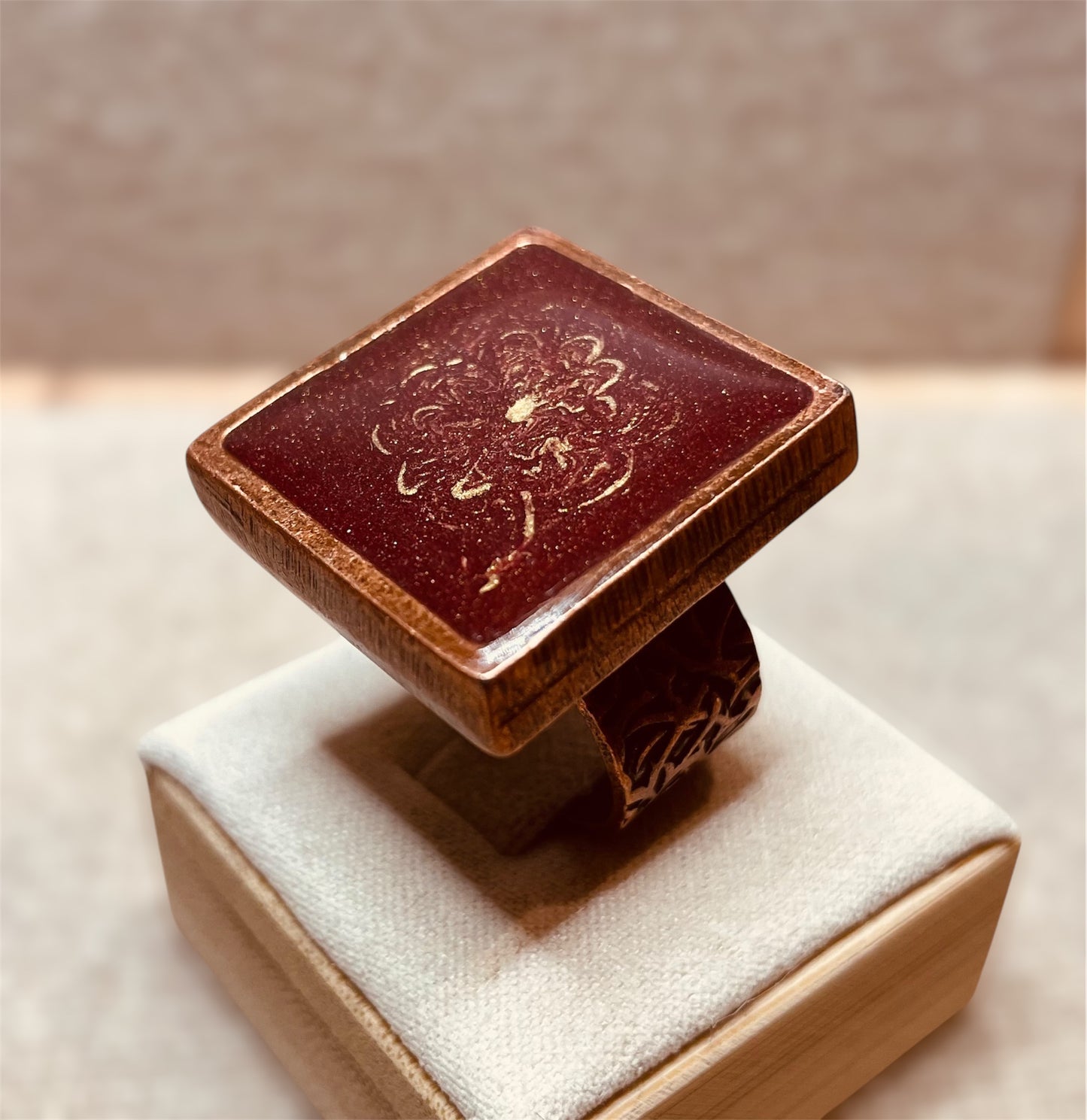 Red copper square ring 'Oil on canvas'