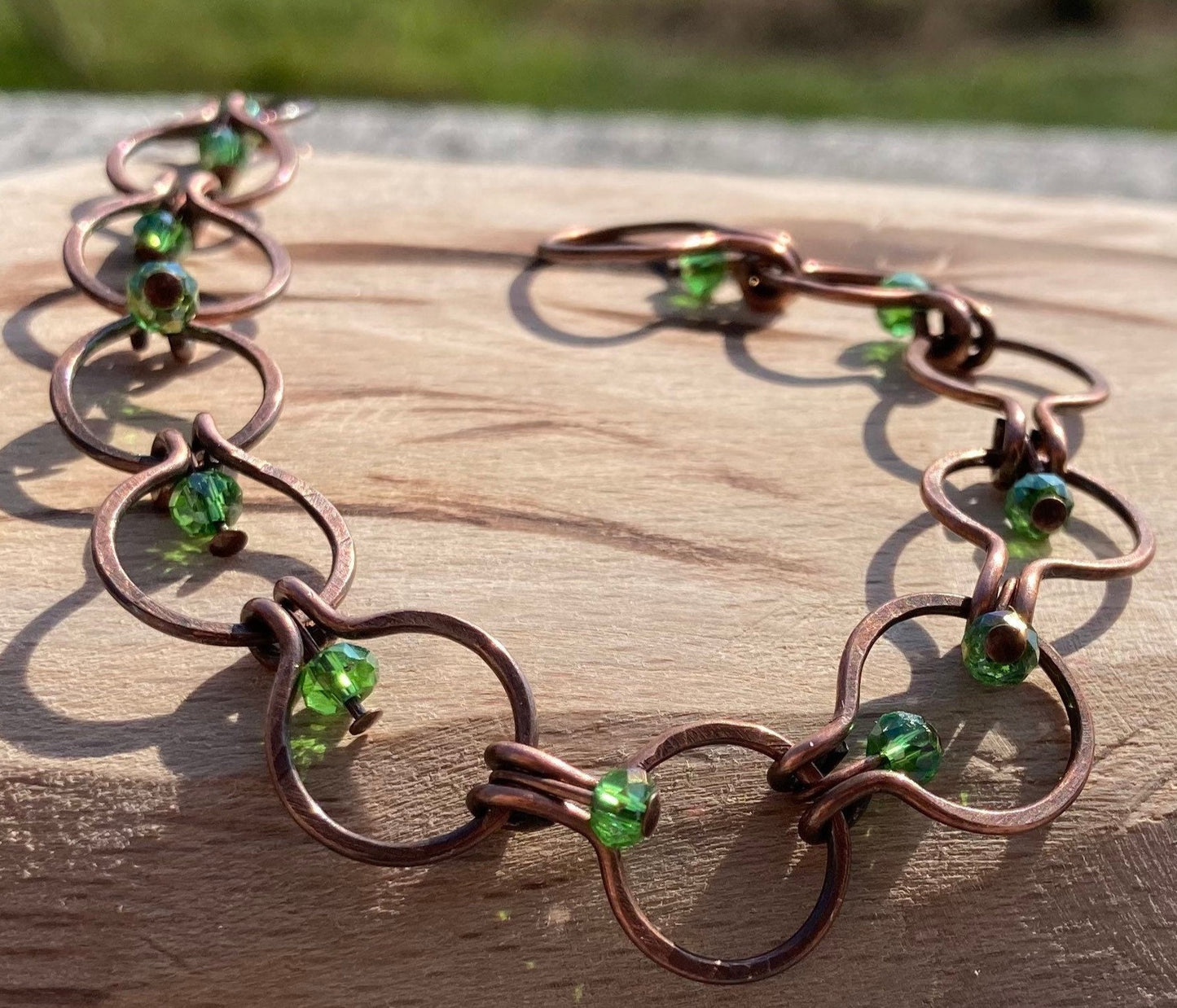 Chain bracelet in hammered copper, antiqued and embellished with small crystals. 1.0cm mesh