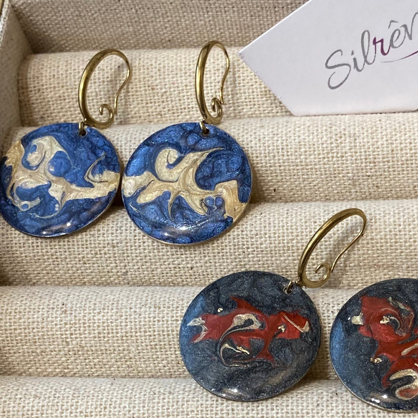 Hand painted pendant earrings on a natural brass base - Beauty in asymmetries