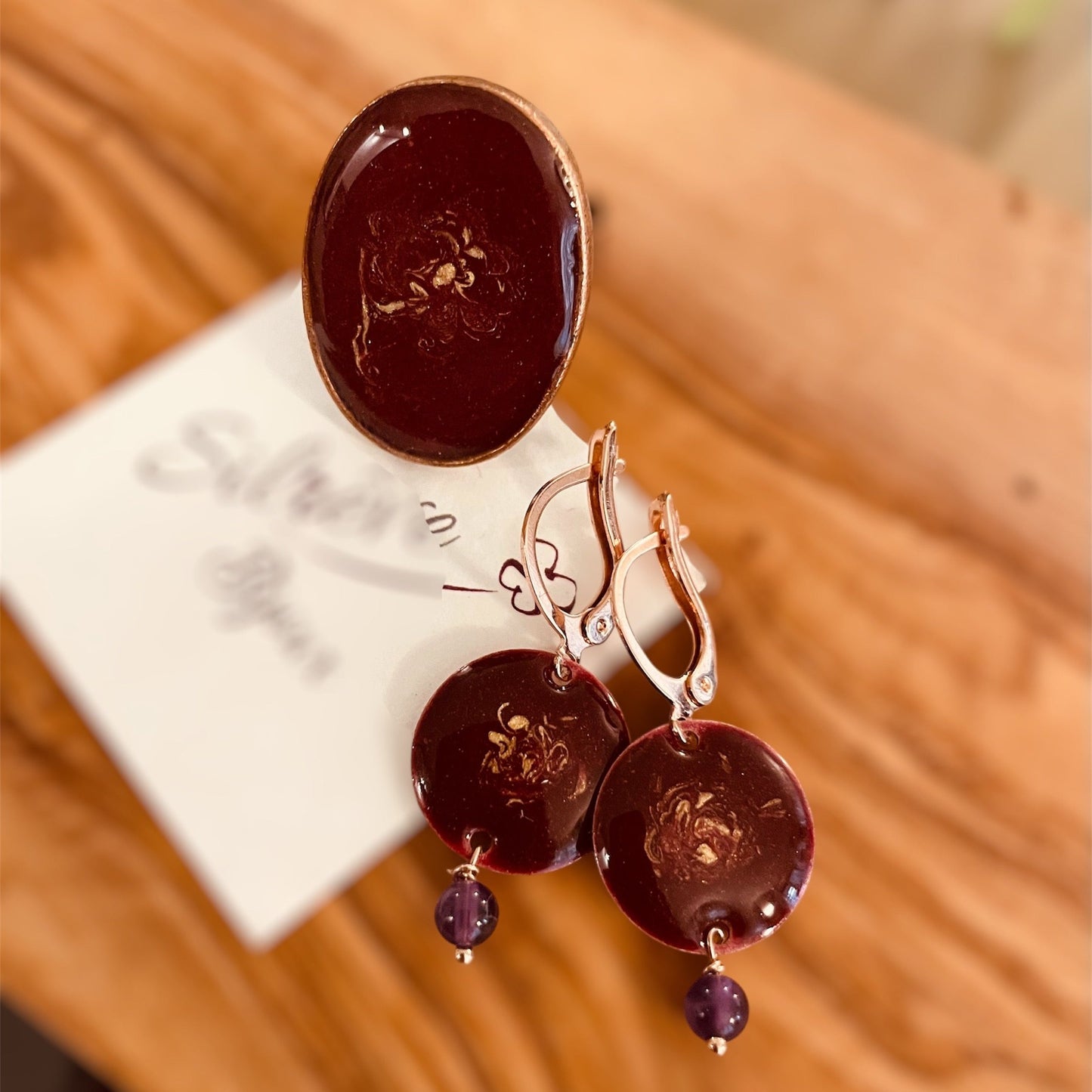 Oval copper ring, adjustable, hand painted and vitrified