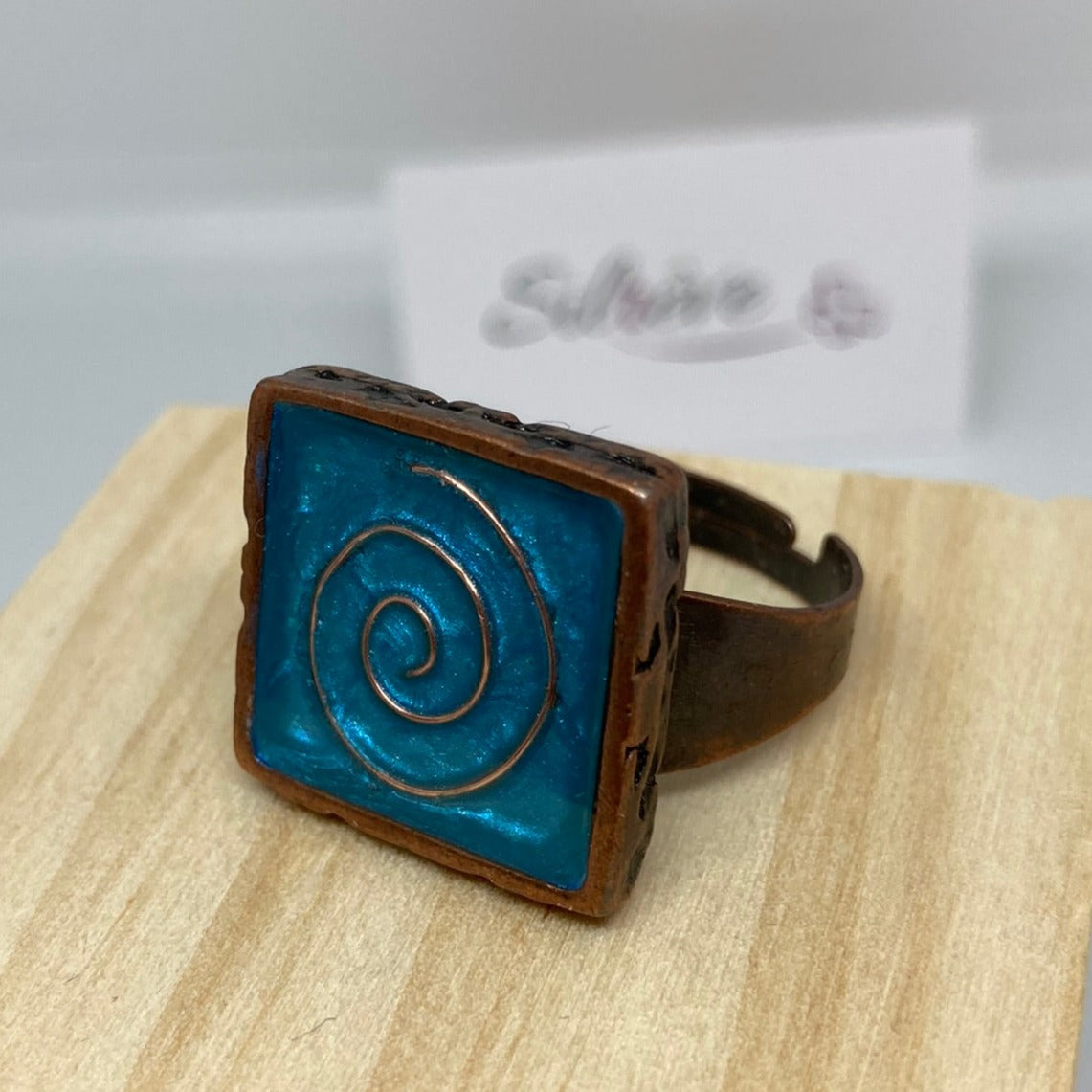 Square copper ring, adjustable, hand painted and vitrified