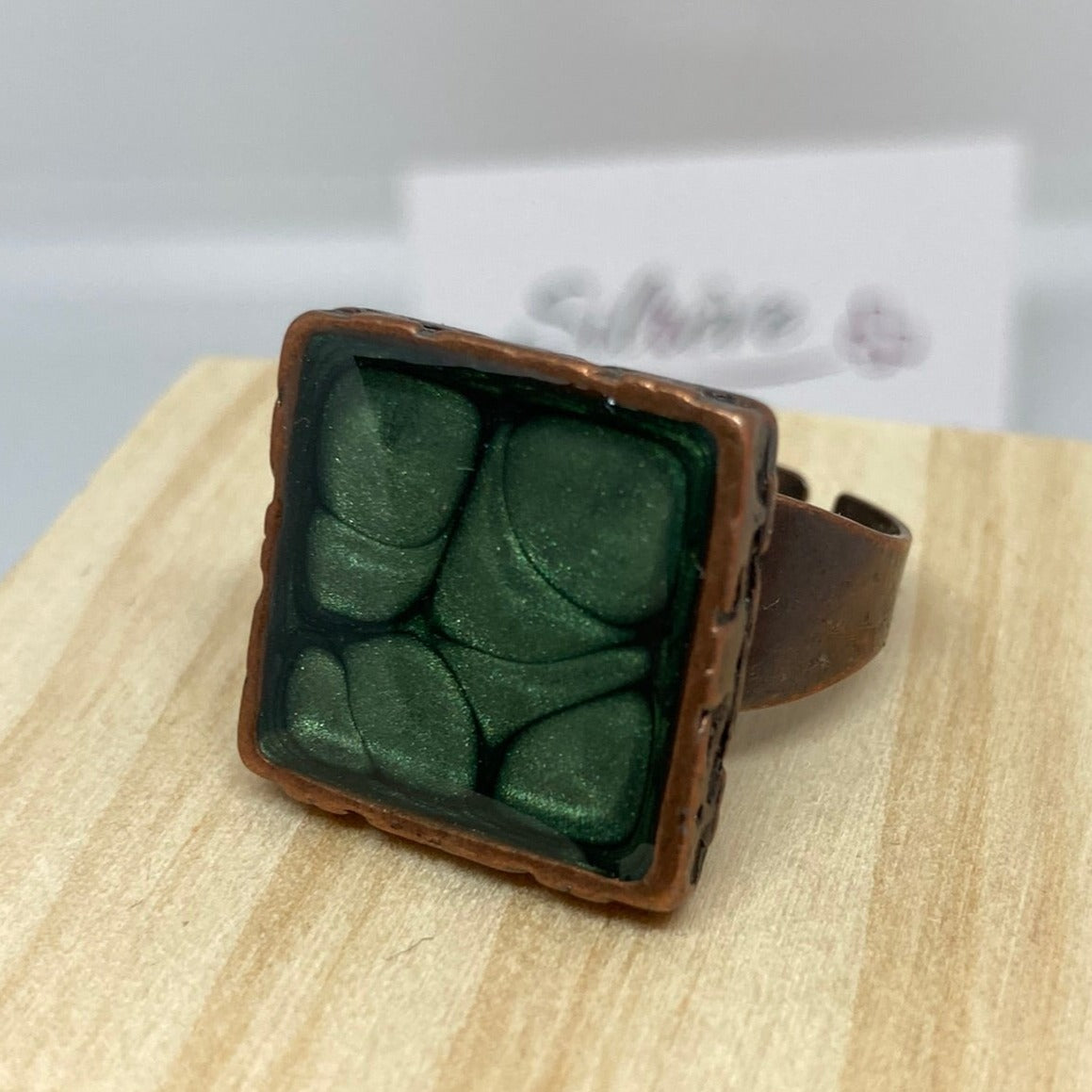 Square copper ring, adjustable, hand painted and vitrified