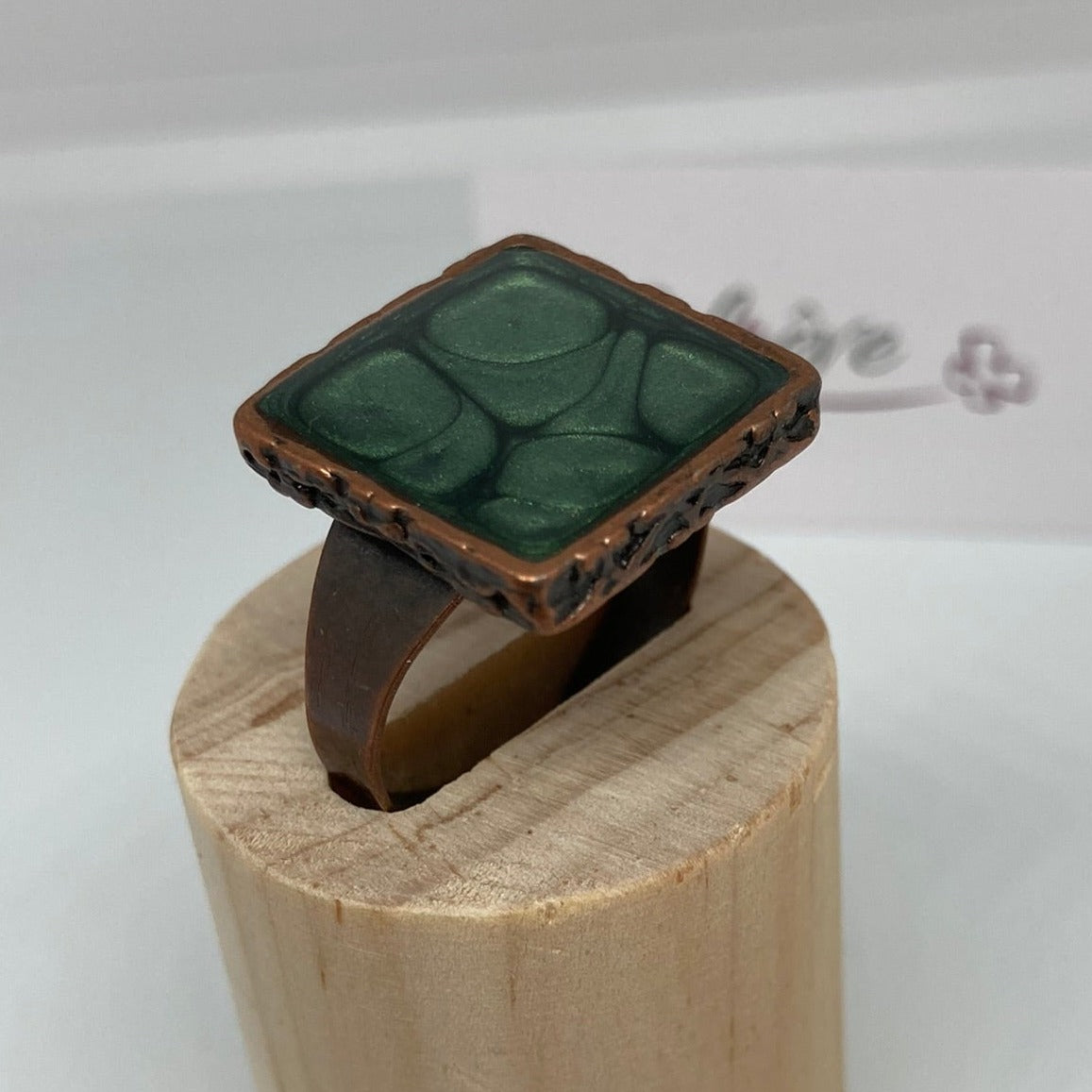 Square copper ring, adjustable, hand painted and vitrified