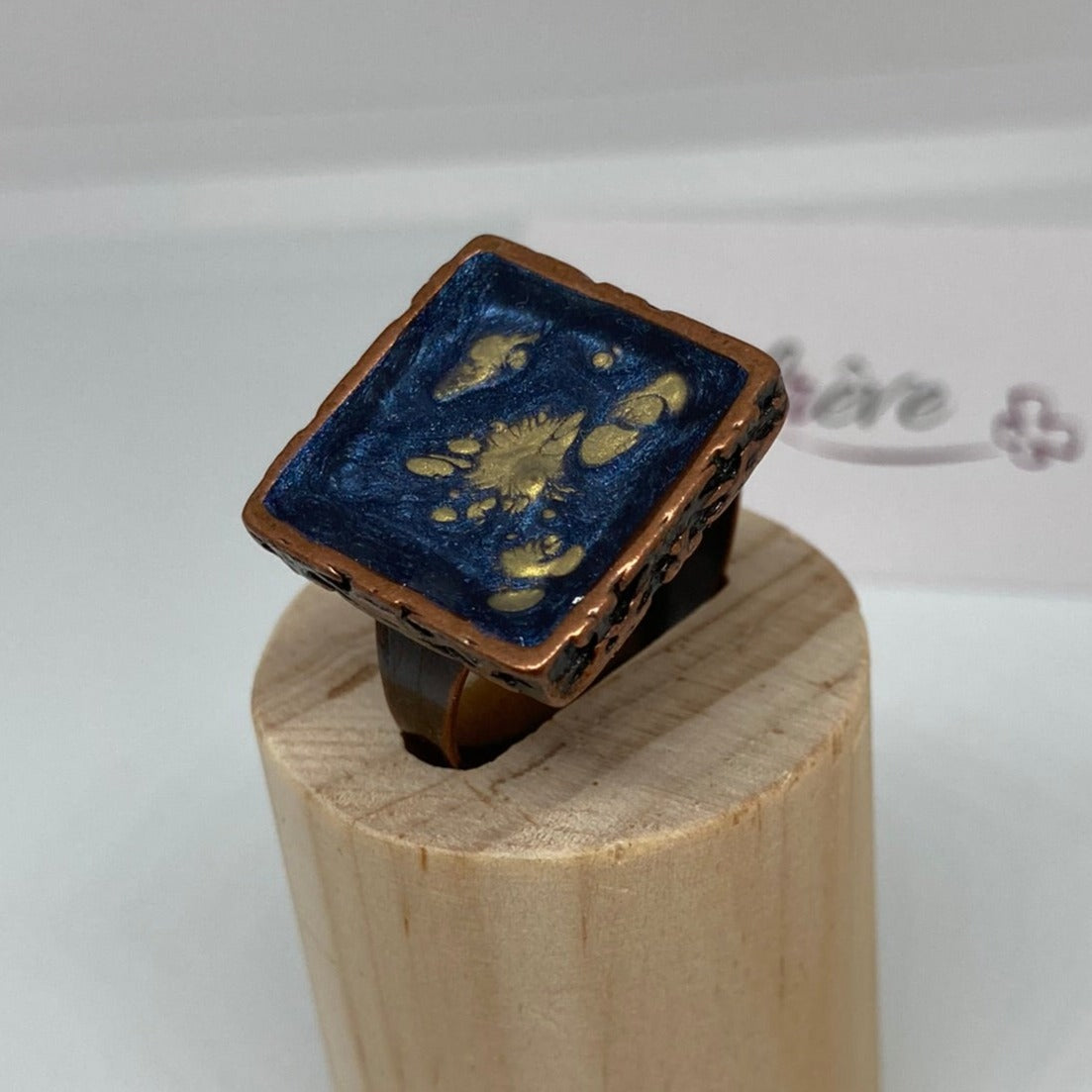 Square copper ring, adjustable, hand painted and vitrified