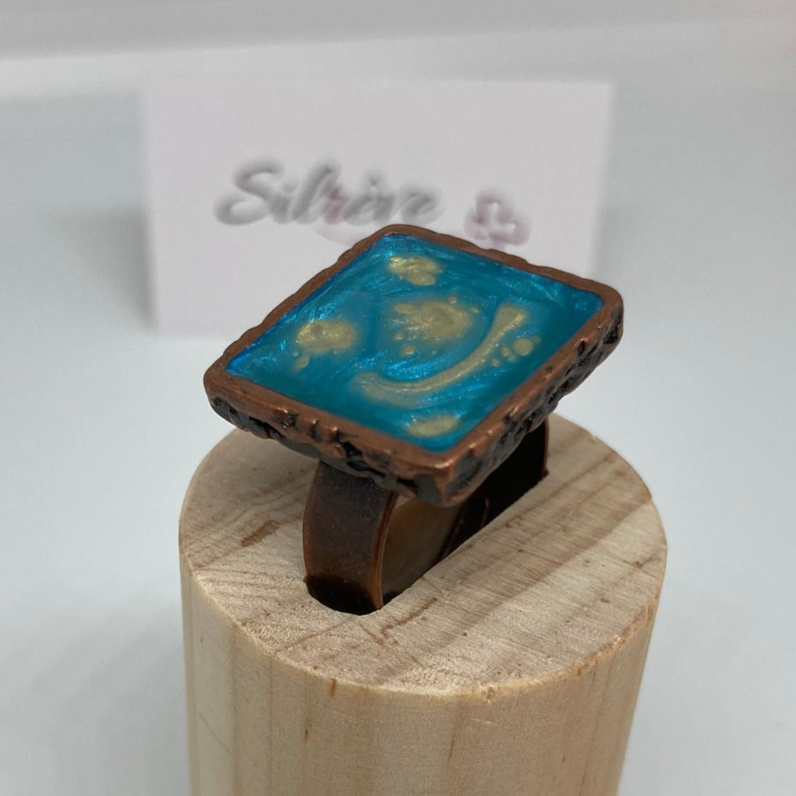 Square copper ring, adjustable, hand painted and vitrified