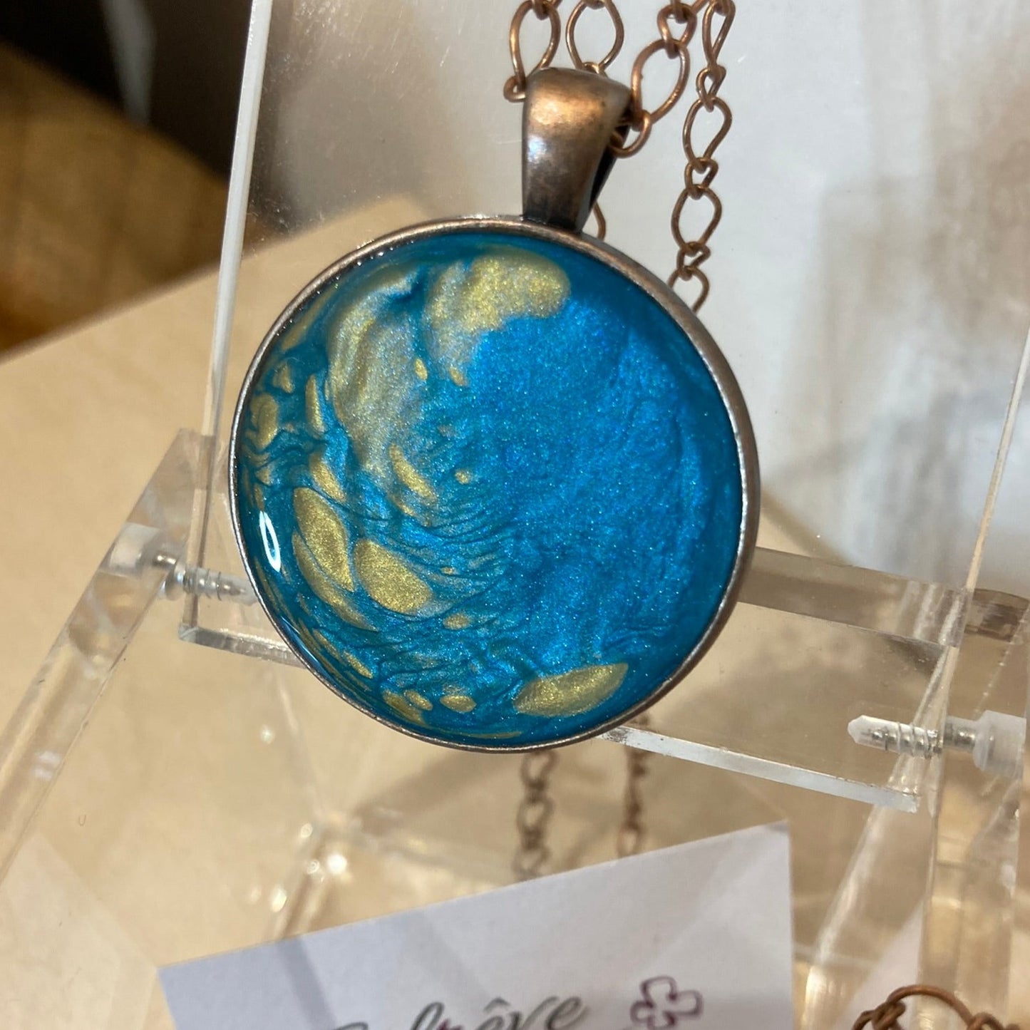 Copper necklace with round pendant, hand painted and vitrified.