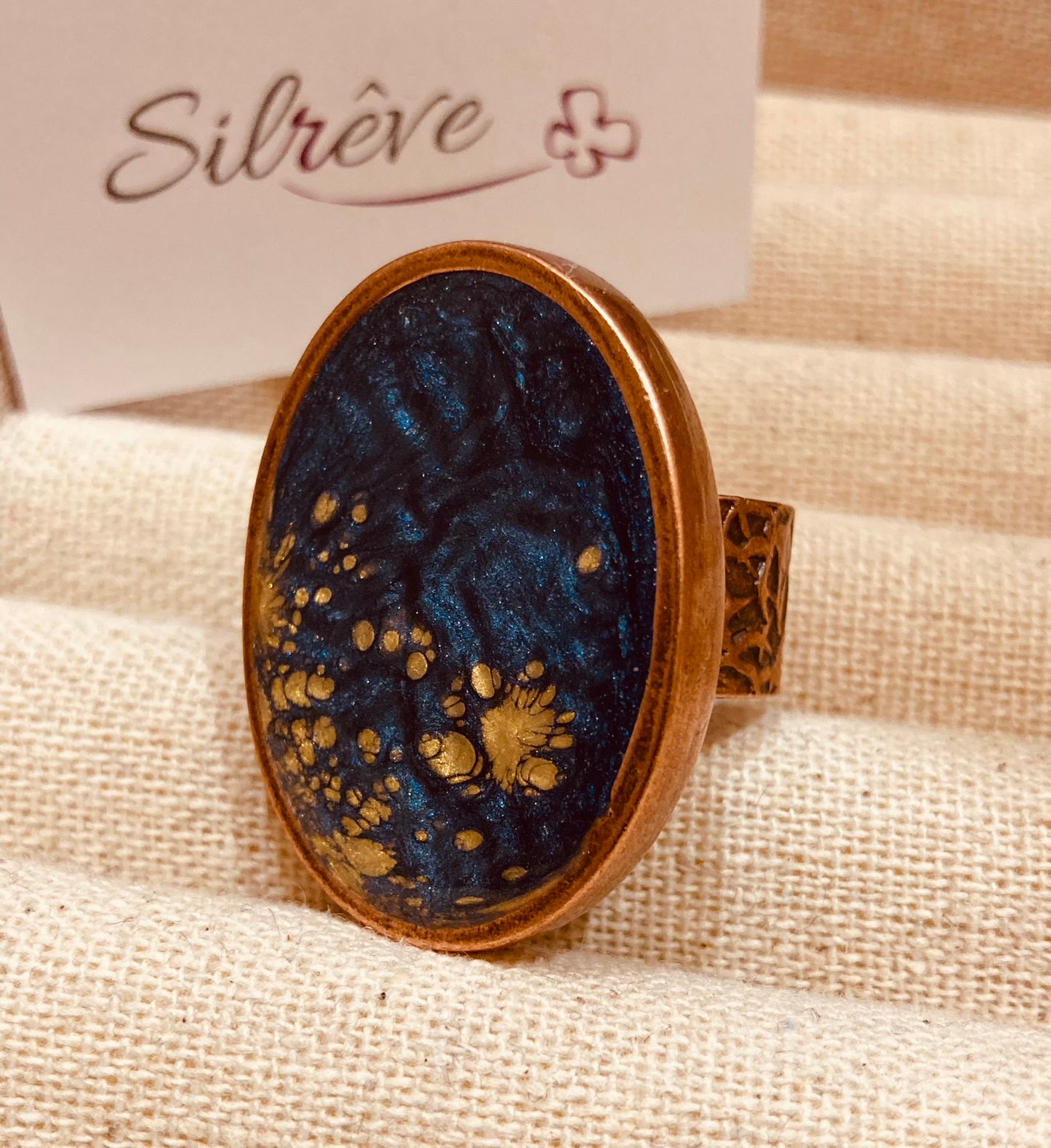 Oval copper ring, adjustable, hand painted and vitrified