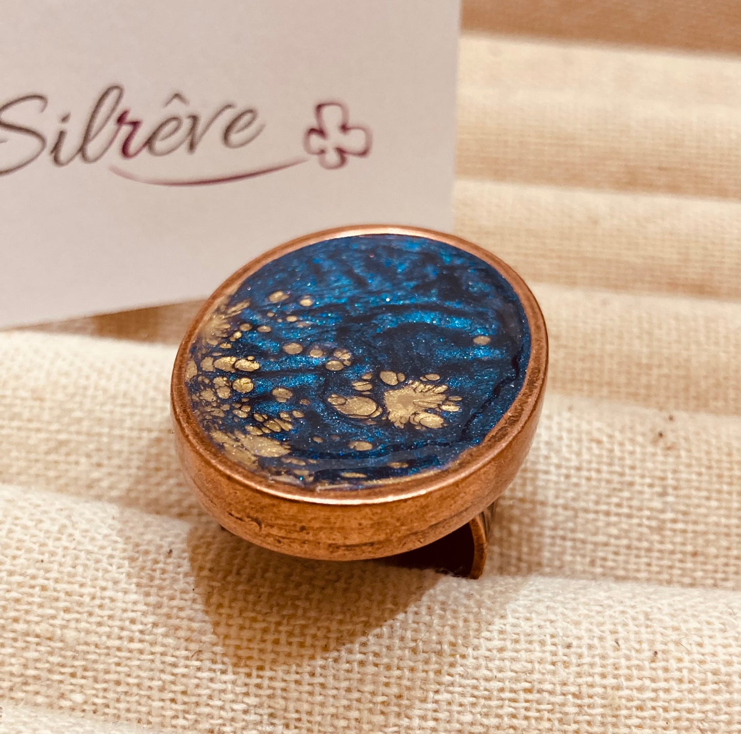 Oval copper ring, adjustable, hand painted and vitrified