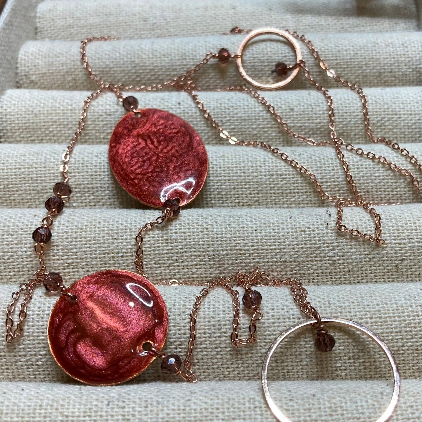 Copper necklace with hand painted and vitrified oval pendant.