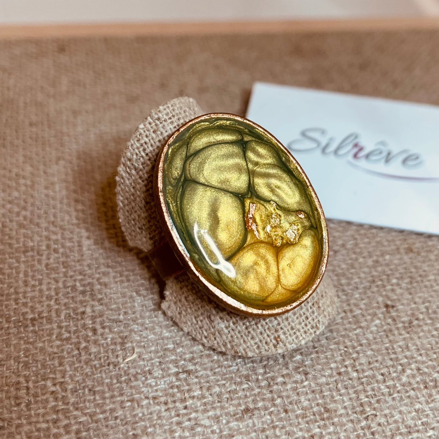 Oval copper ring, adjustable, hand painted and vitrified