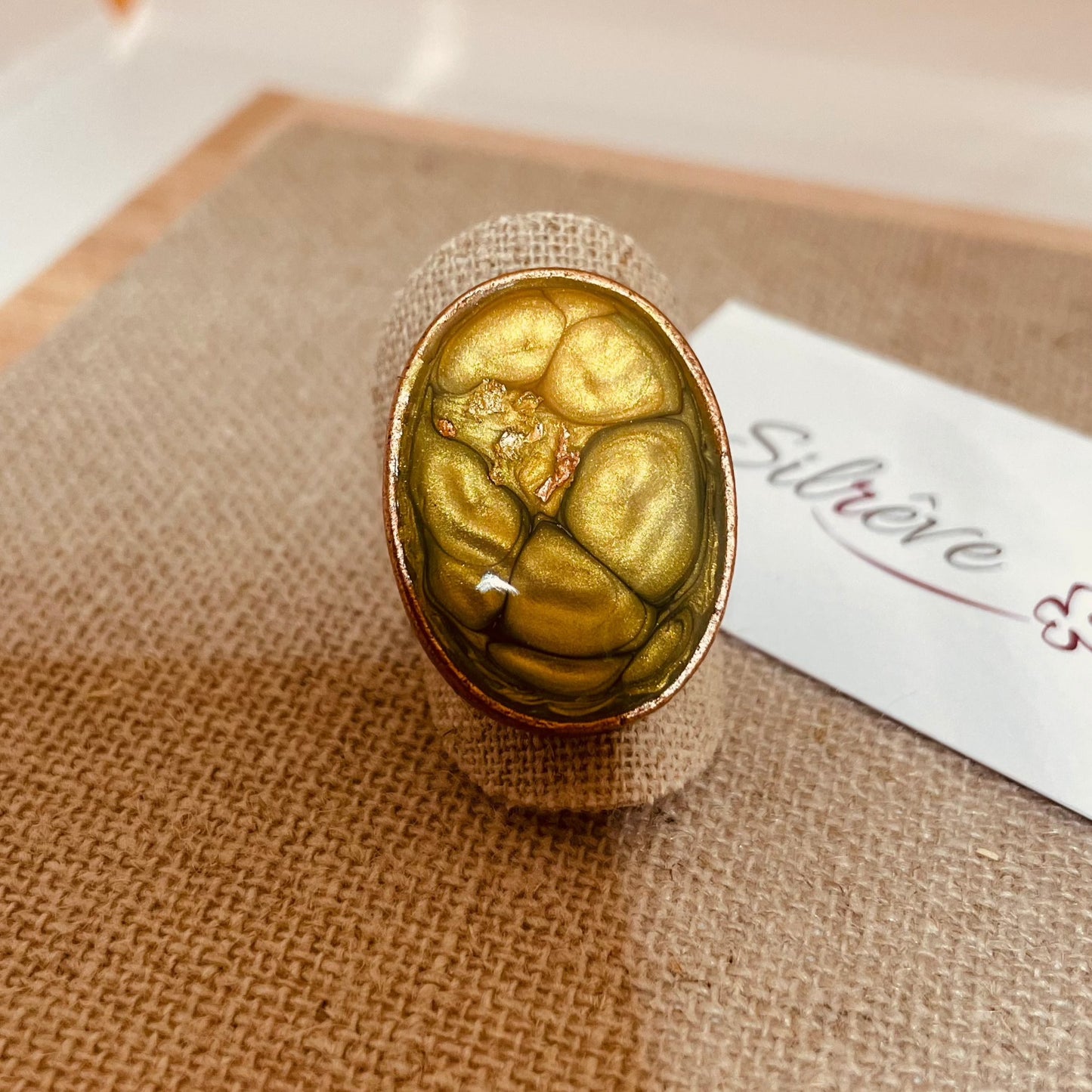 Oval copper ring, adjustable, hand painted and vitrified