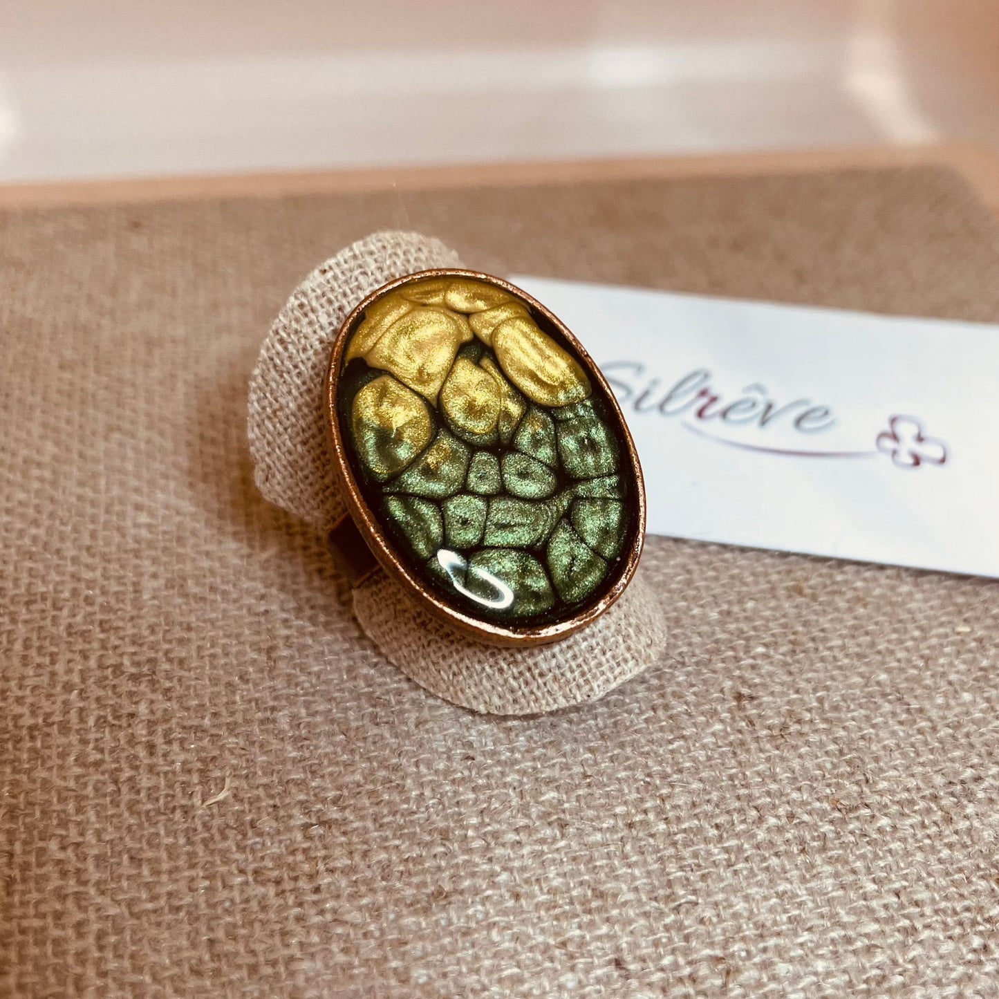 Oval copper ring, adjustable, hand painted and vitrified