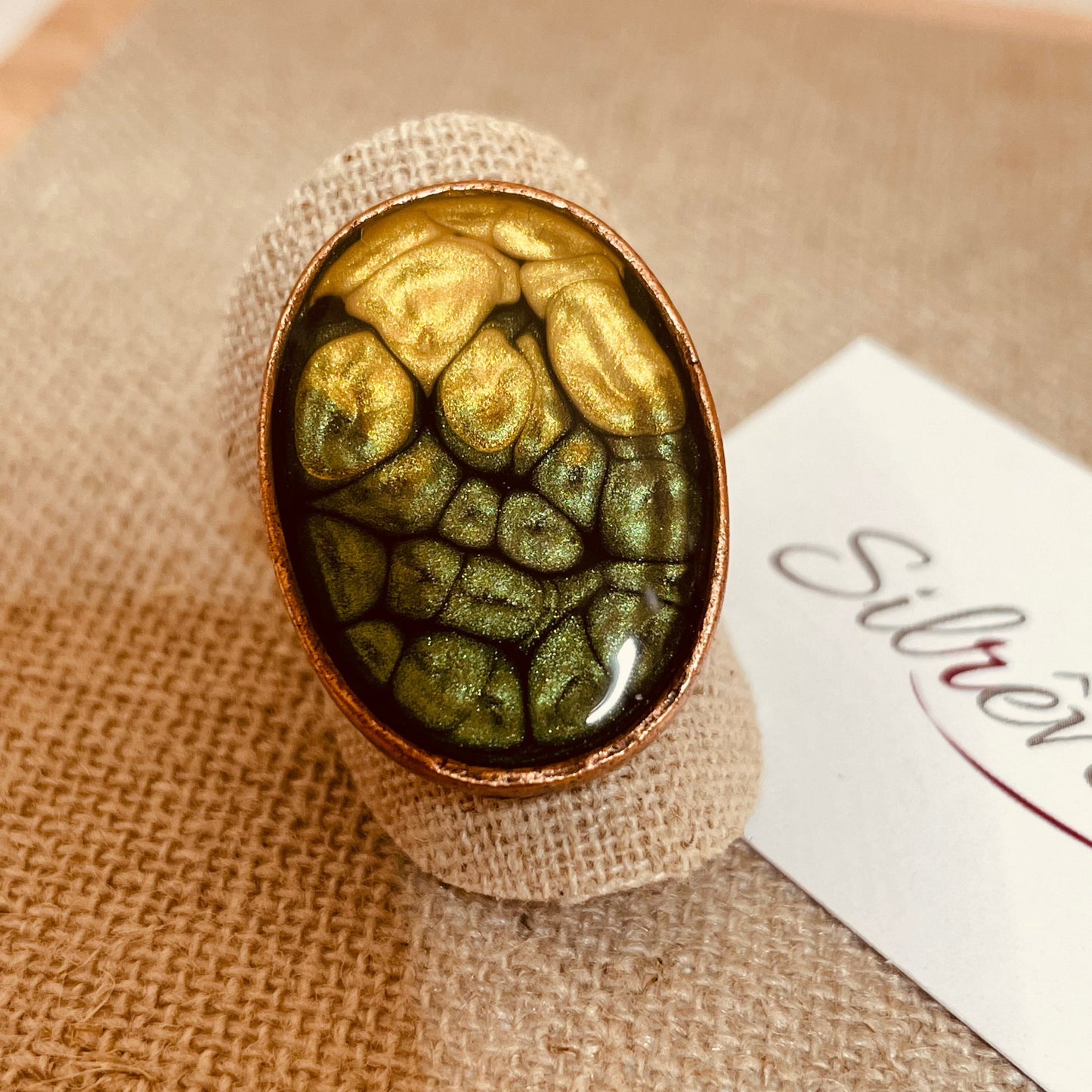 Oval copper ring, adjustable, hand painted and vitrified