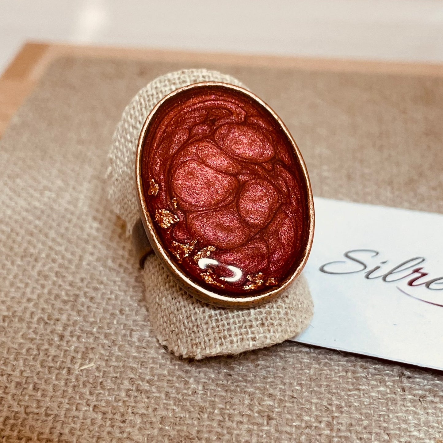 Oval copper ring, adjustable, hand painted and vitrified