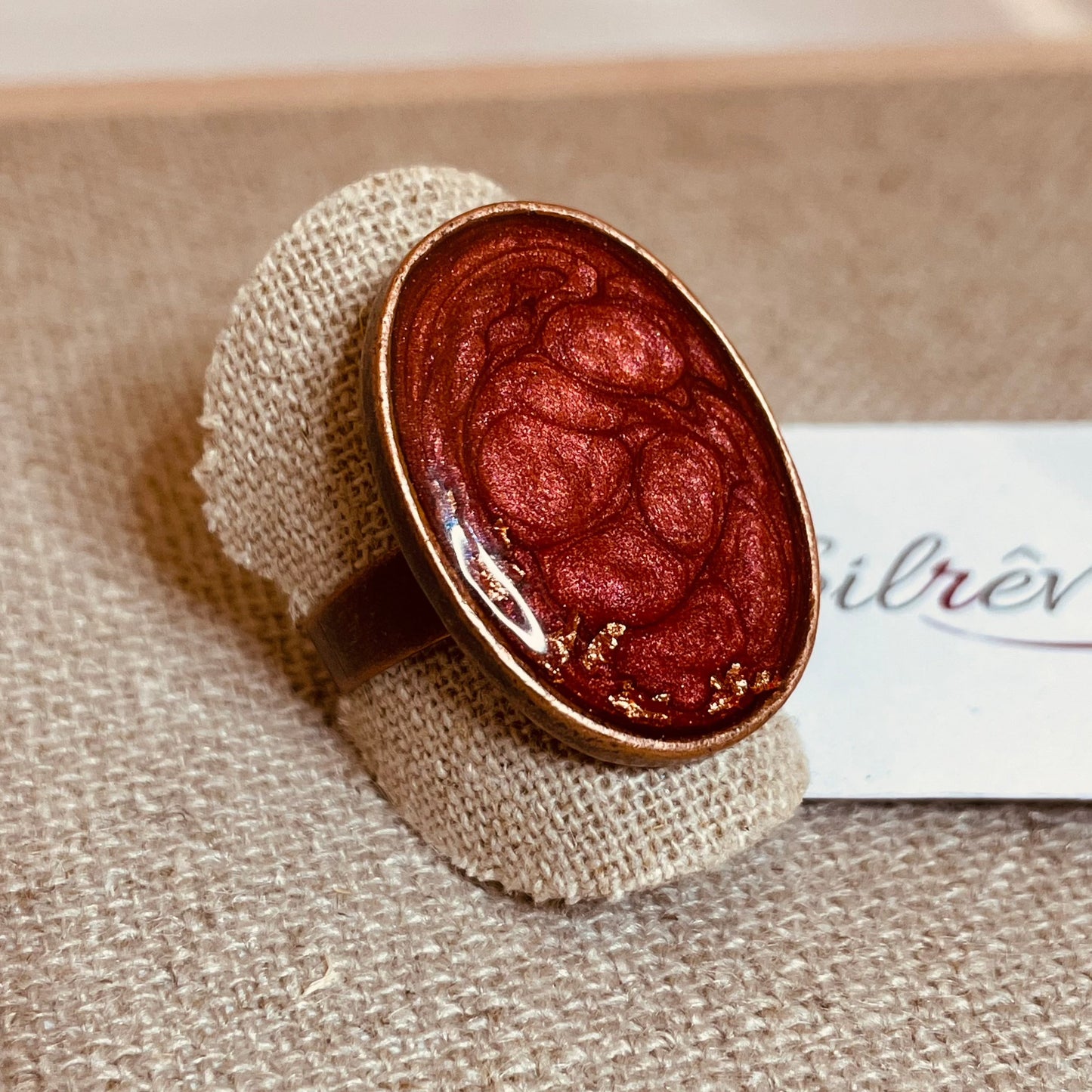 Oval copper ring, adjustable, hand painted and vitrified