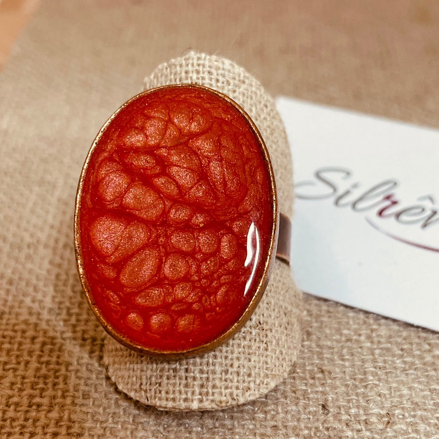 Oval copper ring, adjustable, hand painted and vitrified