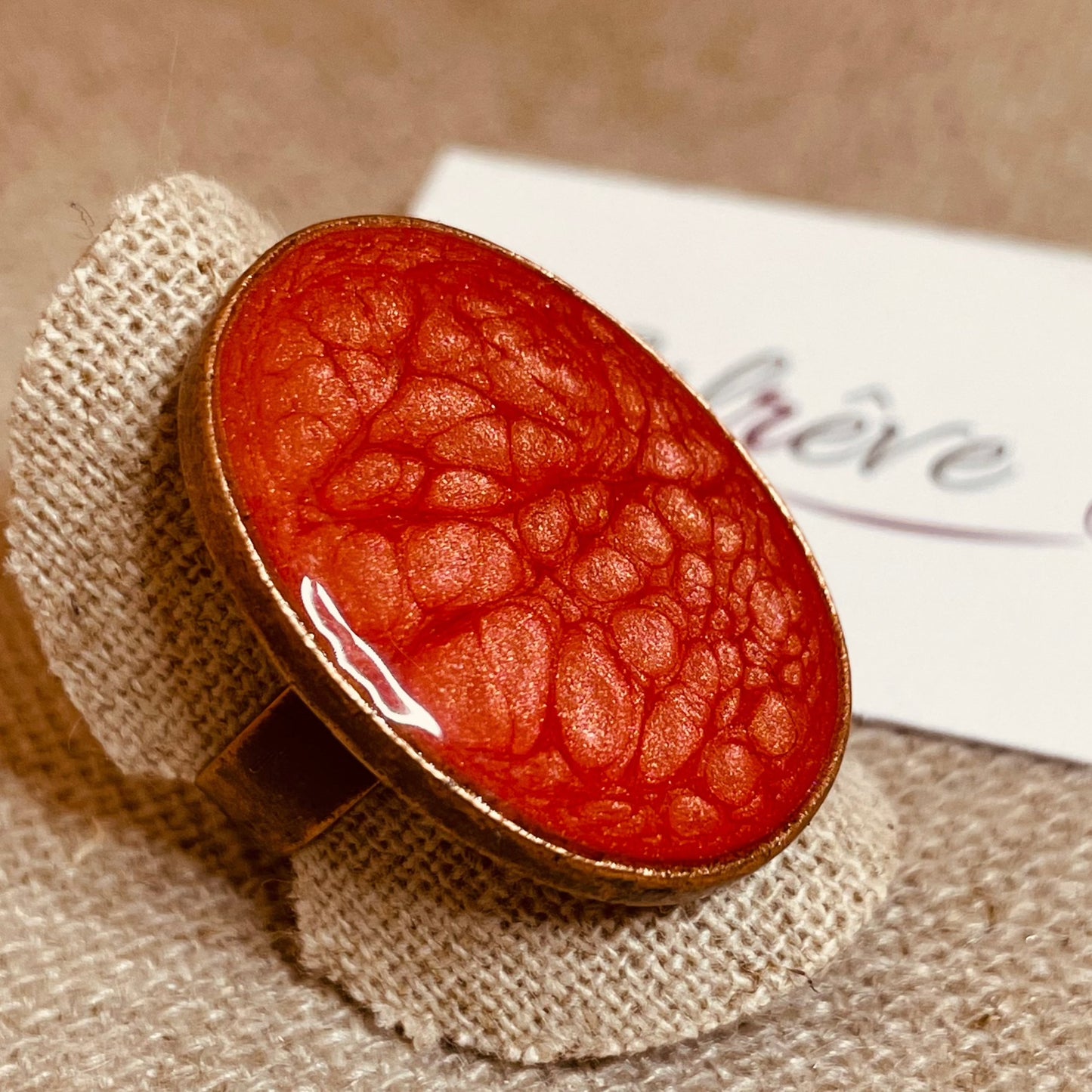 Oval copper ring, adjustable, hand painted and vitrified