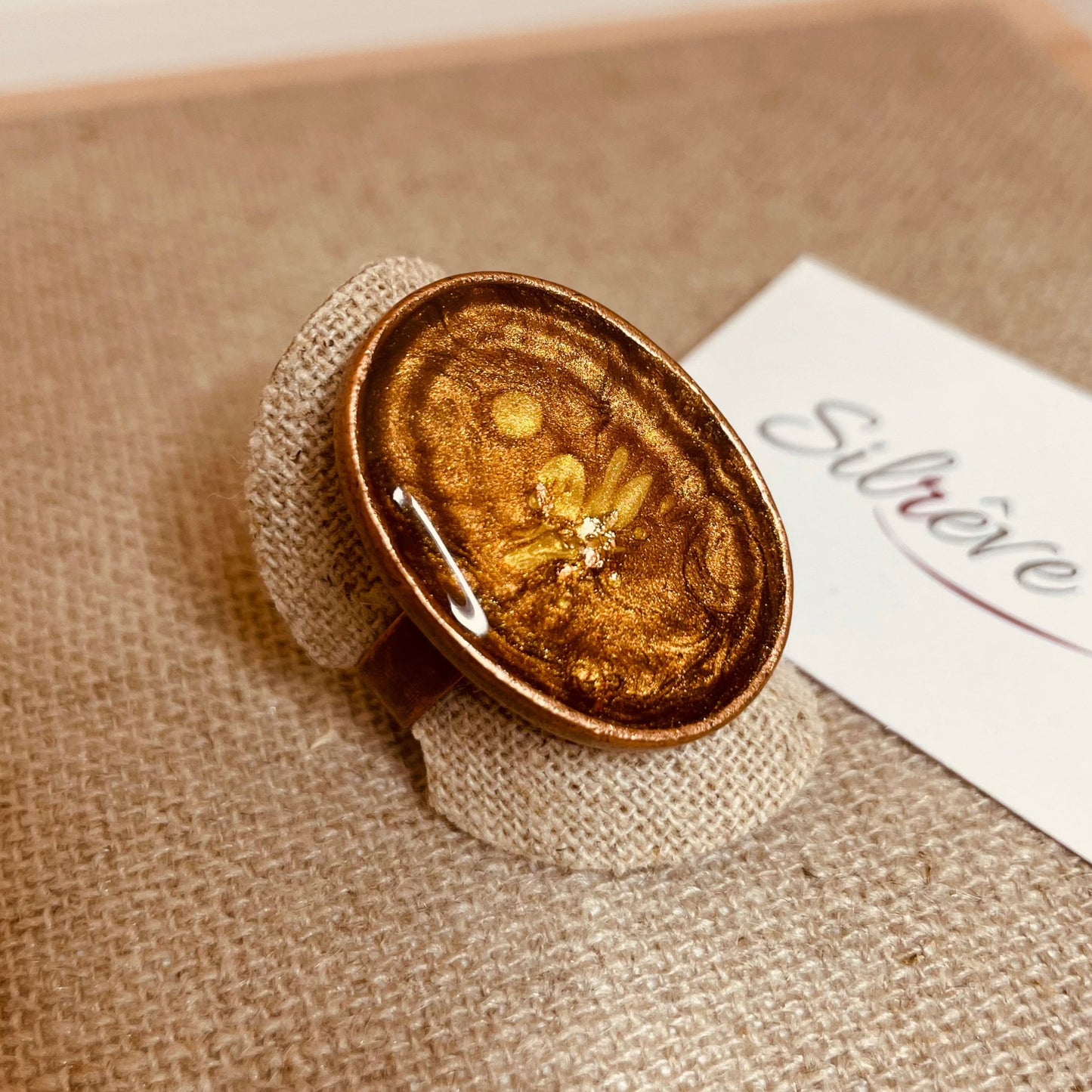 Oval copper ring, adjustable, hand painted and vitrified