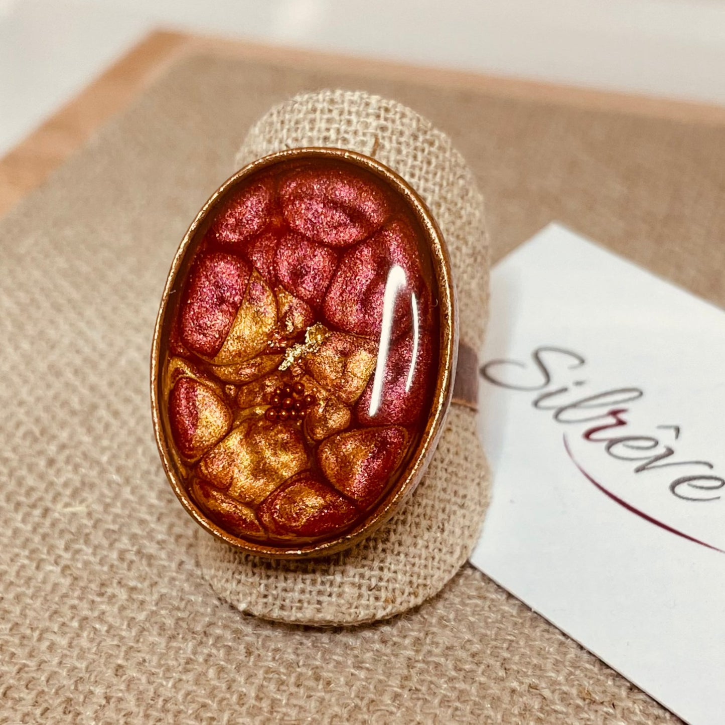 Oval copper ring, adjustable, hand painted and vitrified