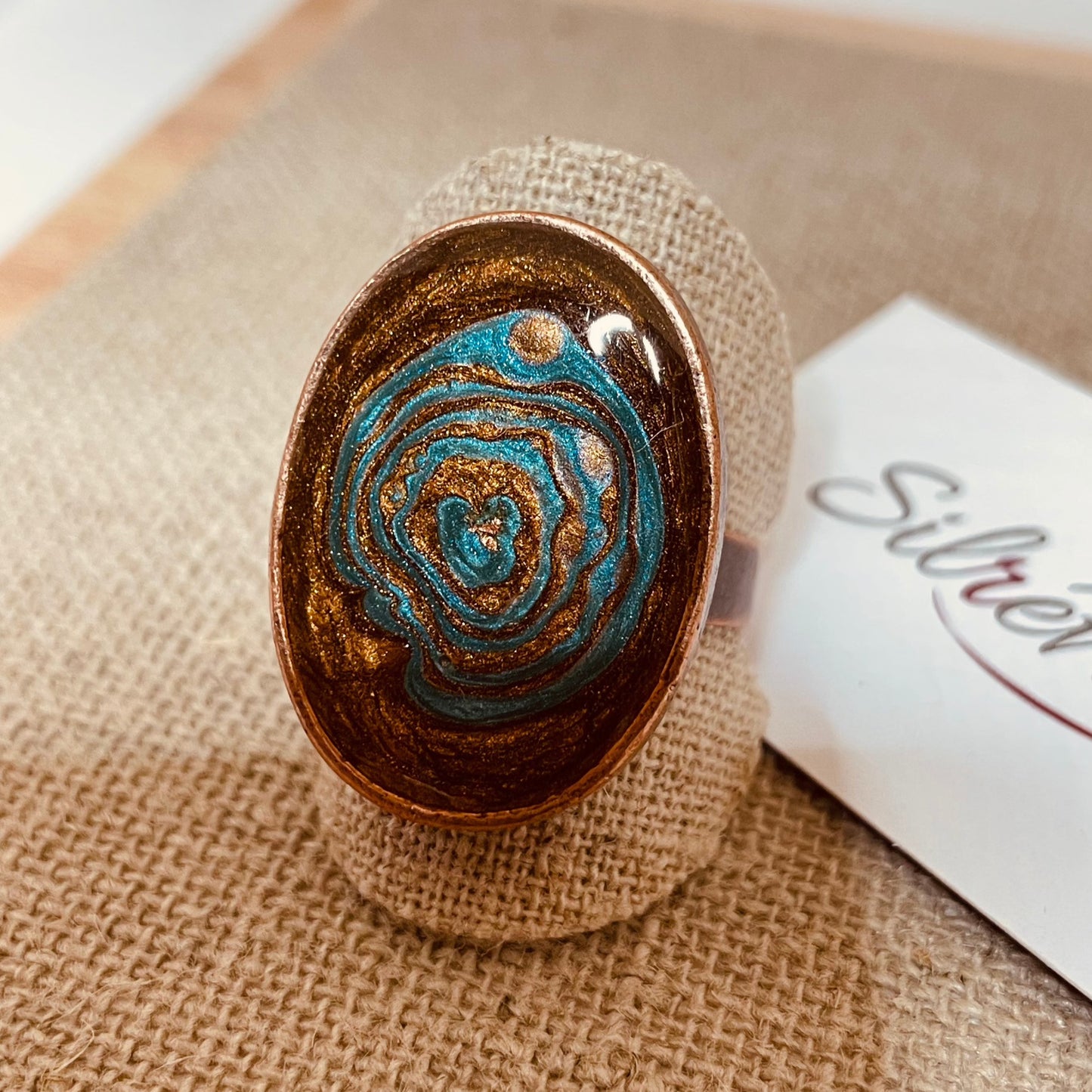 Oval copper ring, adjustable, hand painted and vitrified