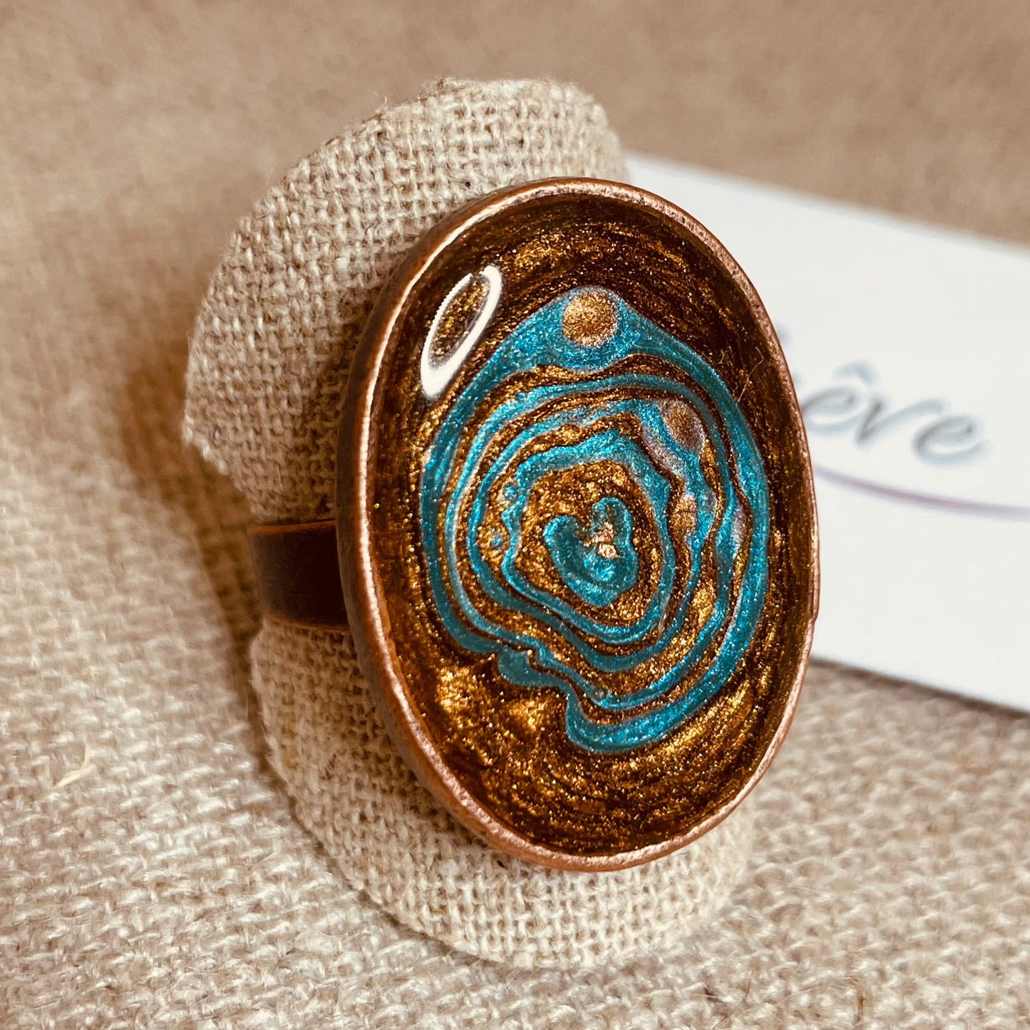 Oval copper ring, adjustable, hand painted and vitrified