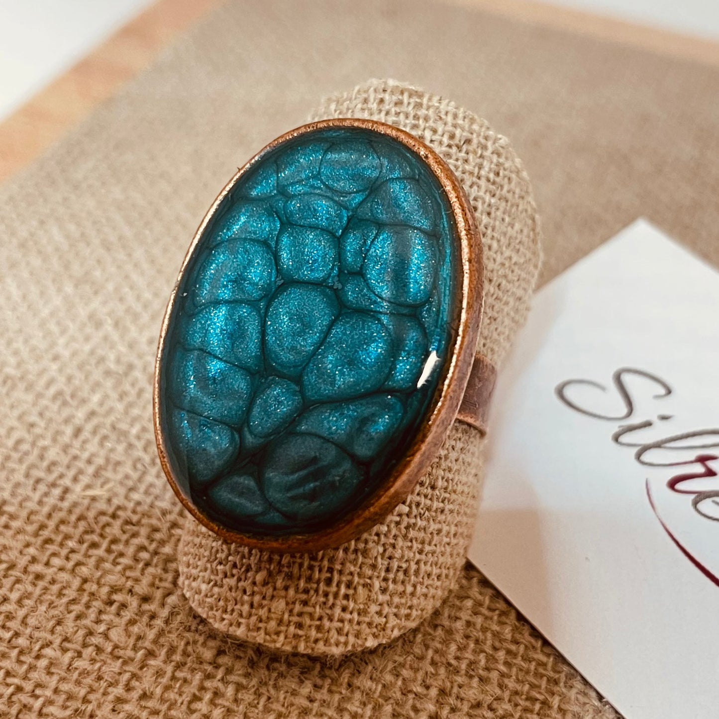 Oval copper ring, adjustable, hand painted and vitrified