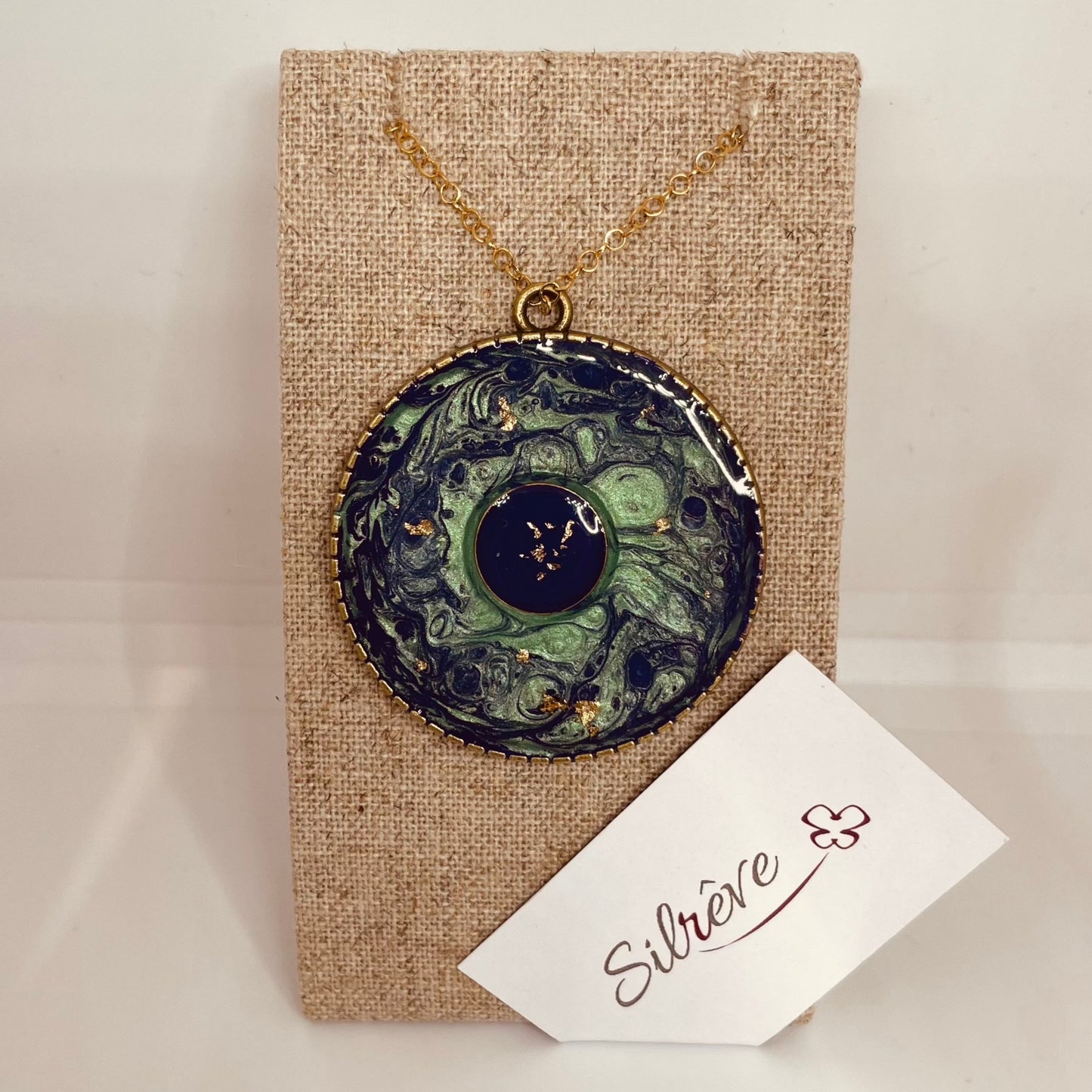 Bronze necklace with hand painted and vitrified round pendant.
