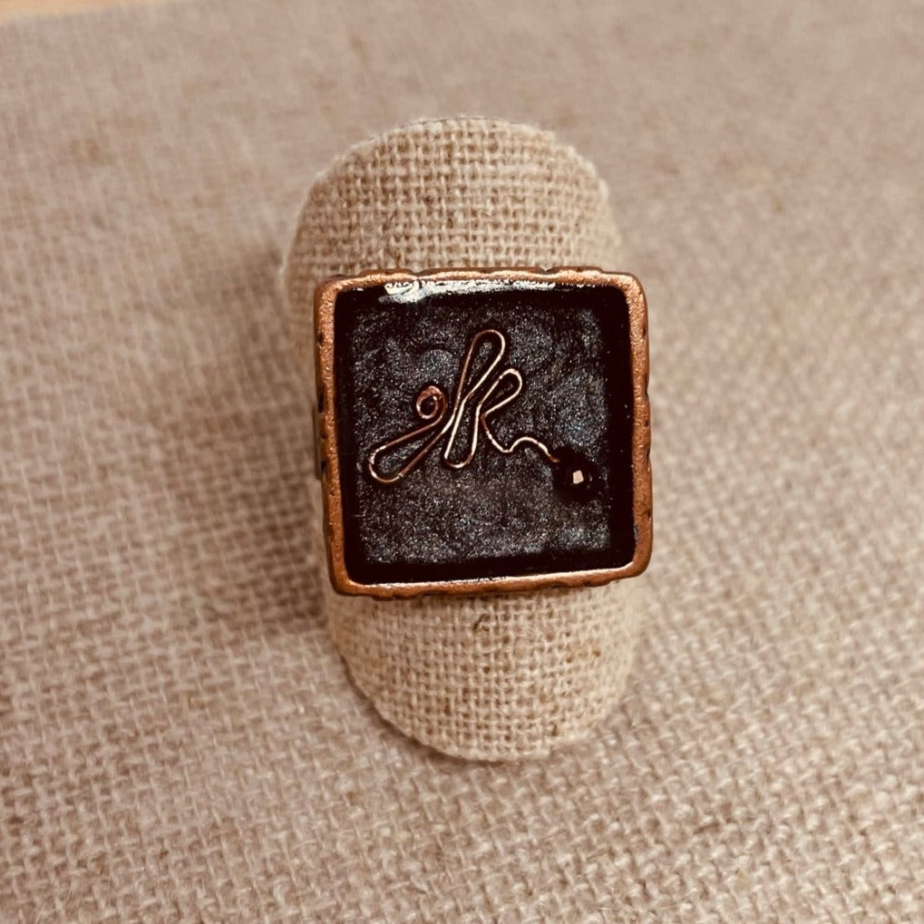 Square copper ring, adjustable, hand painted and vitrified