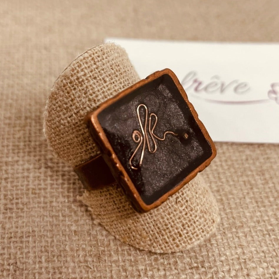 Square copper ring, adjustable, hand painted and vitrified