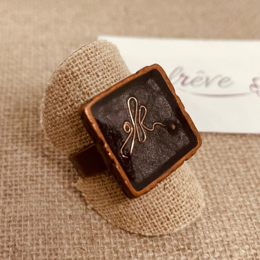 Square copper ring, adjustable, hand painted and vitrified