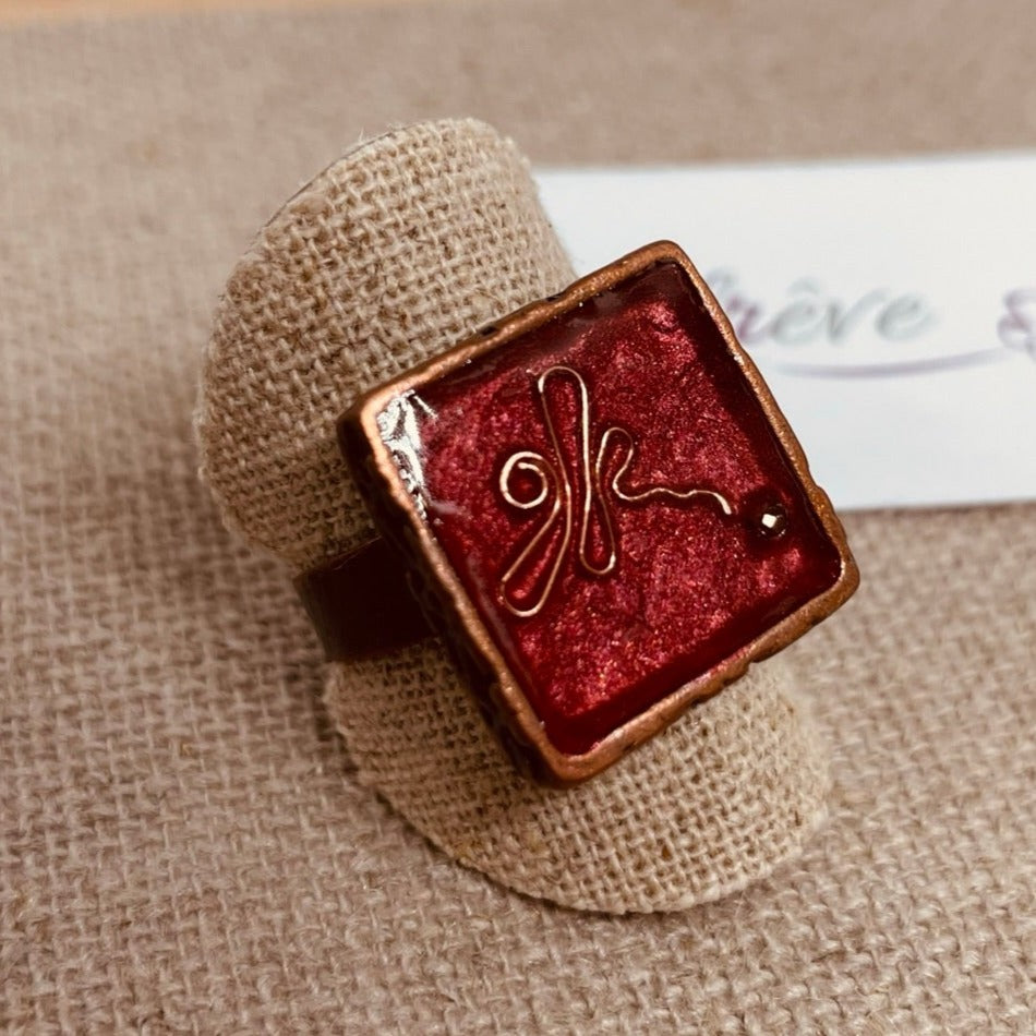 Square copper ring, adjustable, hand painted and vitrified