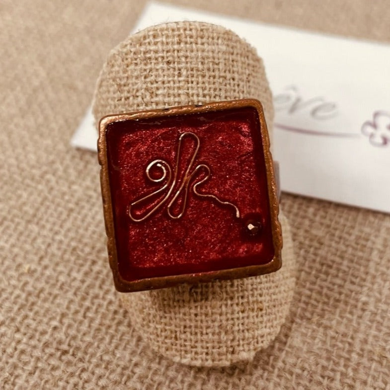 Square copper ring, adjustable, hand painted and vitrified