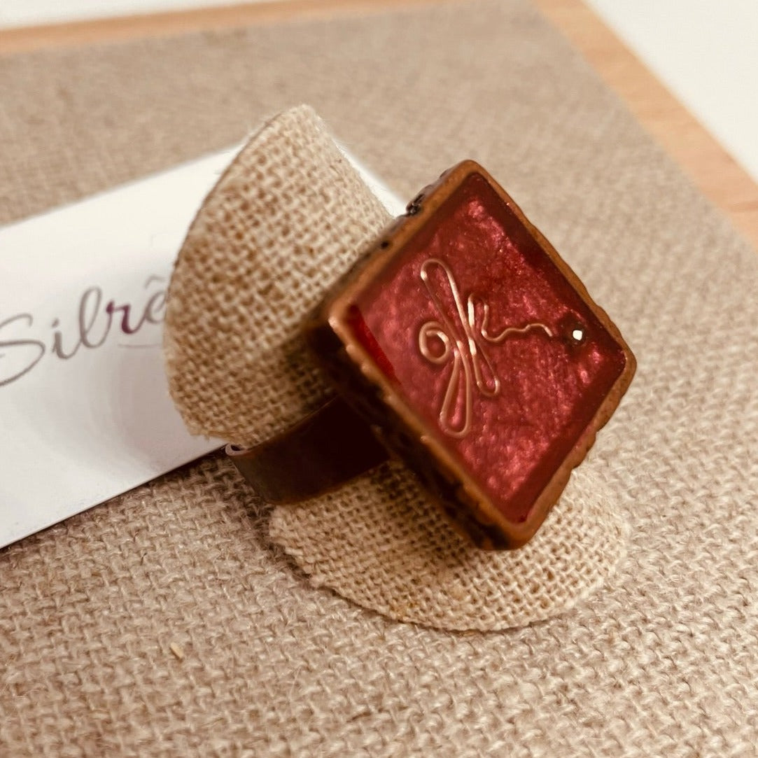 Square copper ring, adjustable, hand painted and vitrified