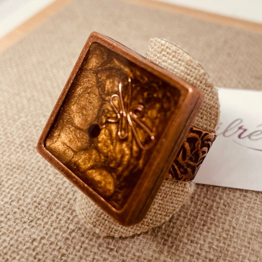 Red copper square ring 'Oil on canvas'