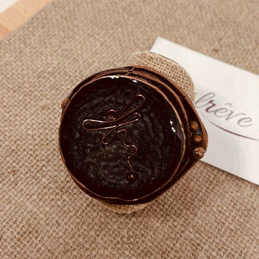 Round ring in red copper, adjustable, hand painted and vitrified