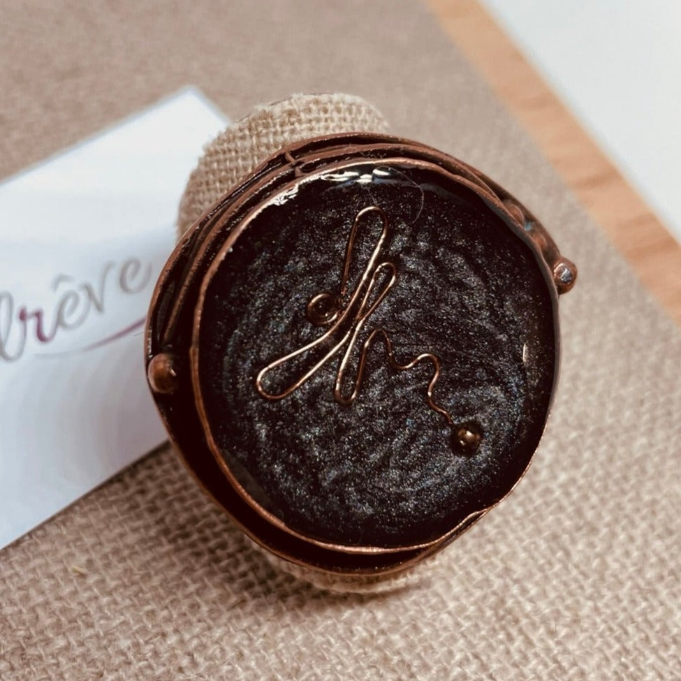 Round ring in red copper, adjustable, hand painted and vitrified