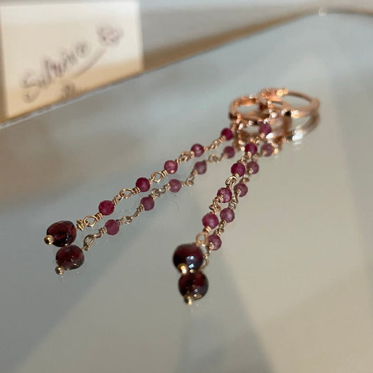 Orecchini pendenti granato e radice di rubino in Ag. 925 con finitura rosata