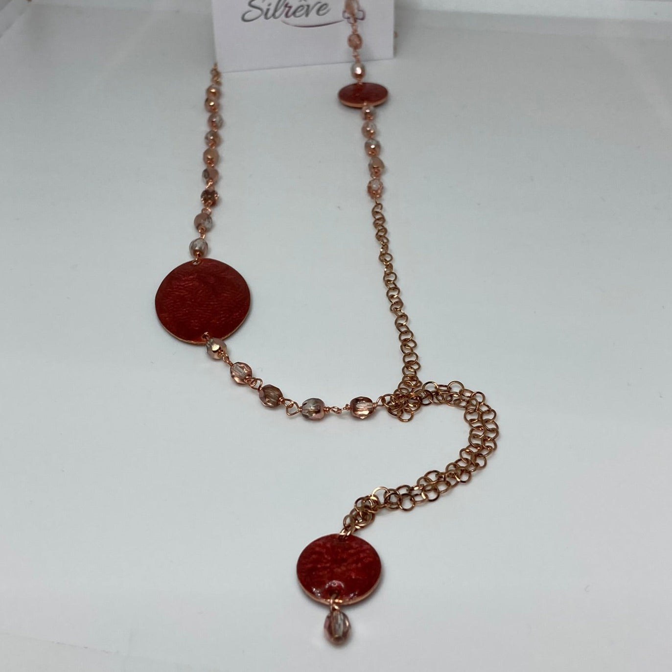 Copper necklace with hand painted and vitrified oval pendant.