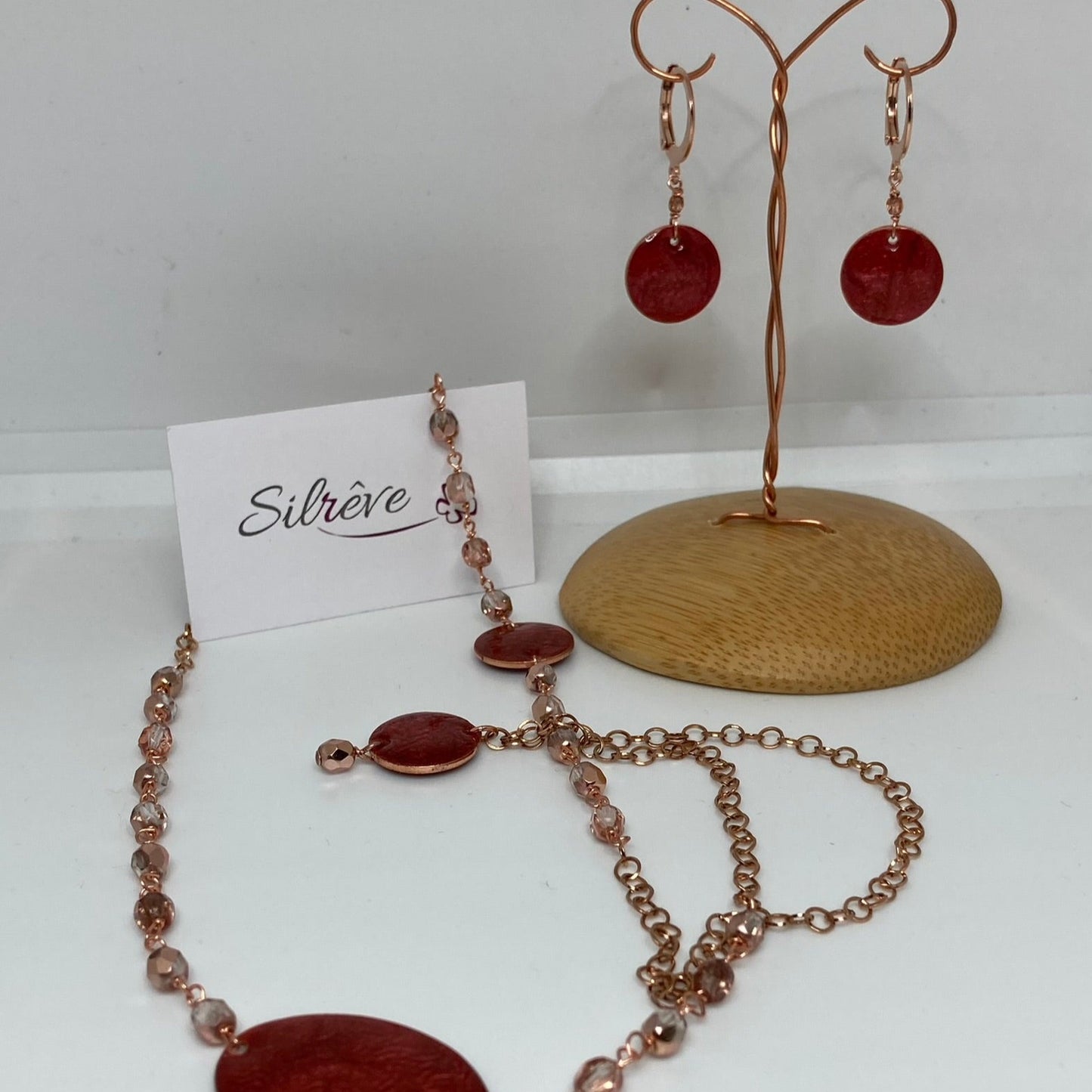 Copper necklace with hand painted and vitrified oval pendant.