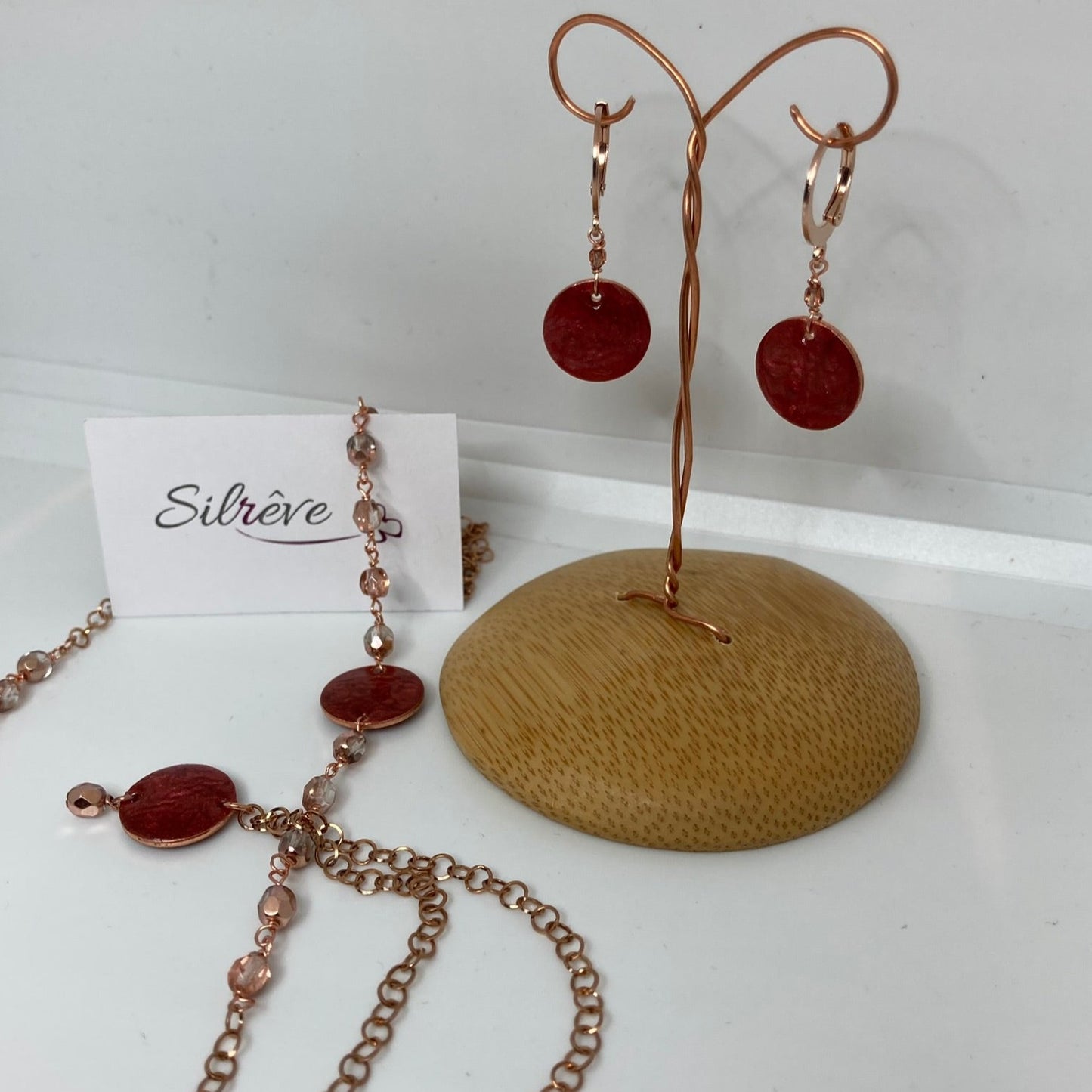 Copper necklace with hand painted and vitrified oval pendant.