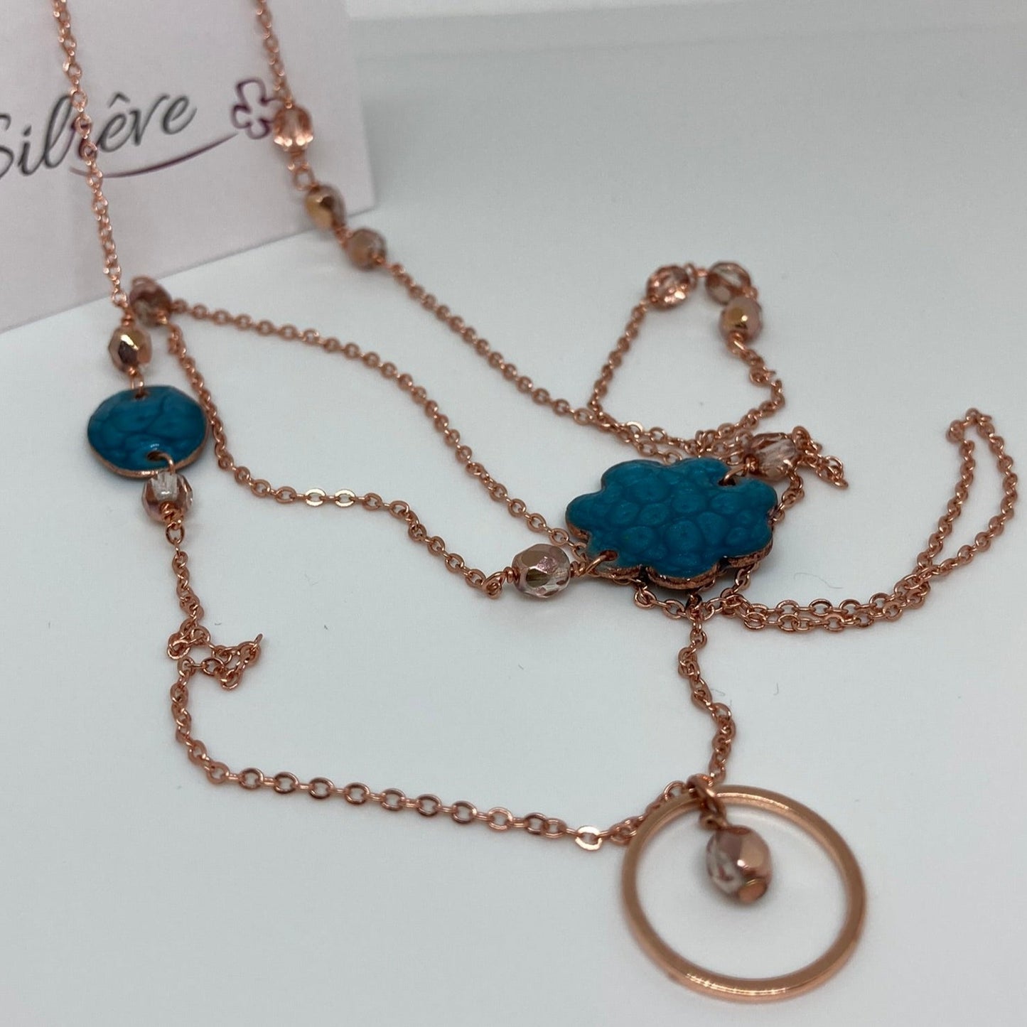 Copper necklace with hand painted and vitrified oval pendant.