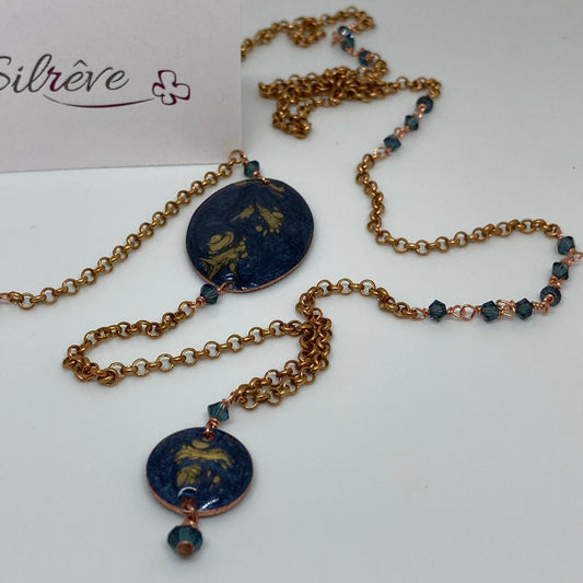 Copper necklace with hand painted and vitrified oval pendant.