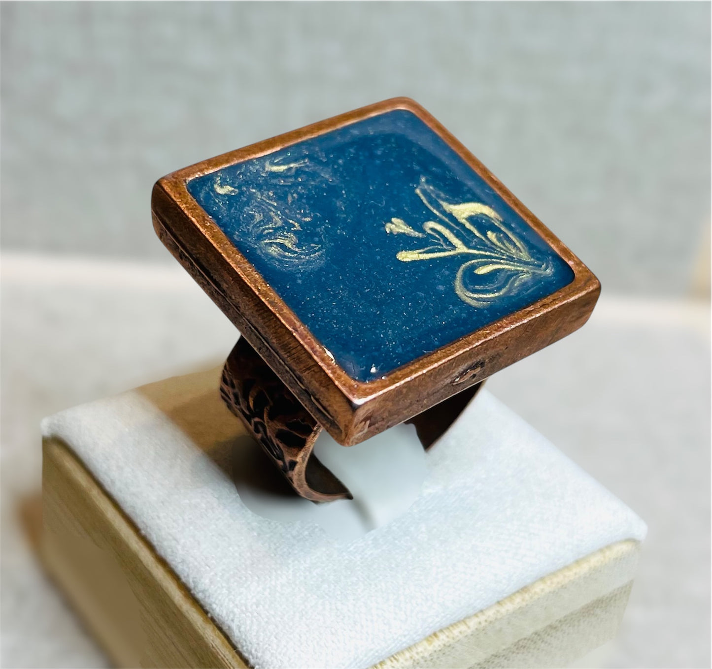 Red copper square ring 'Oil on canvas'