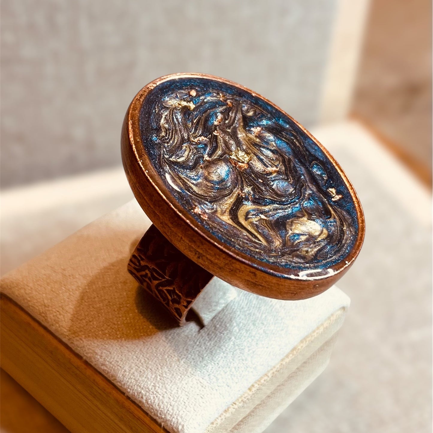 Oval copper ring, adjustable, hand painted and vitrified