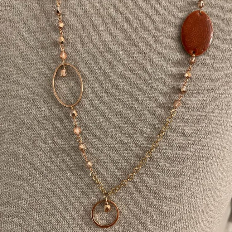 Copper necklace with hand painted and vitrified oval pendant.