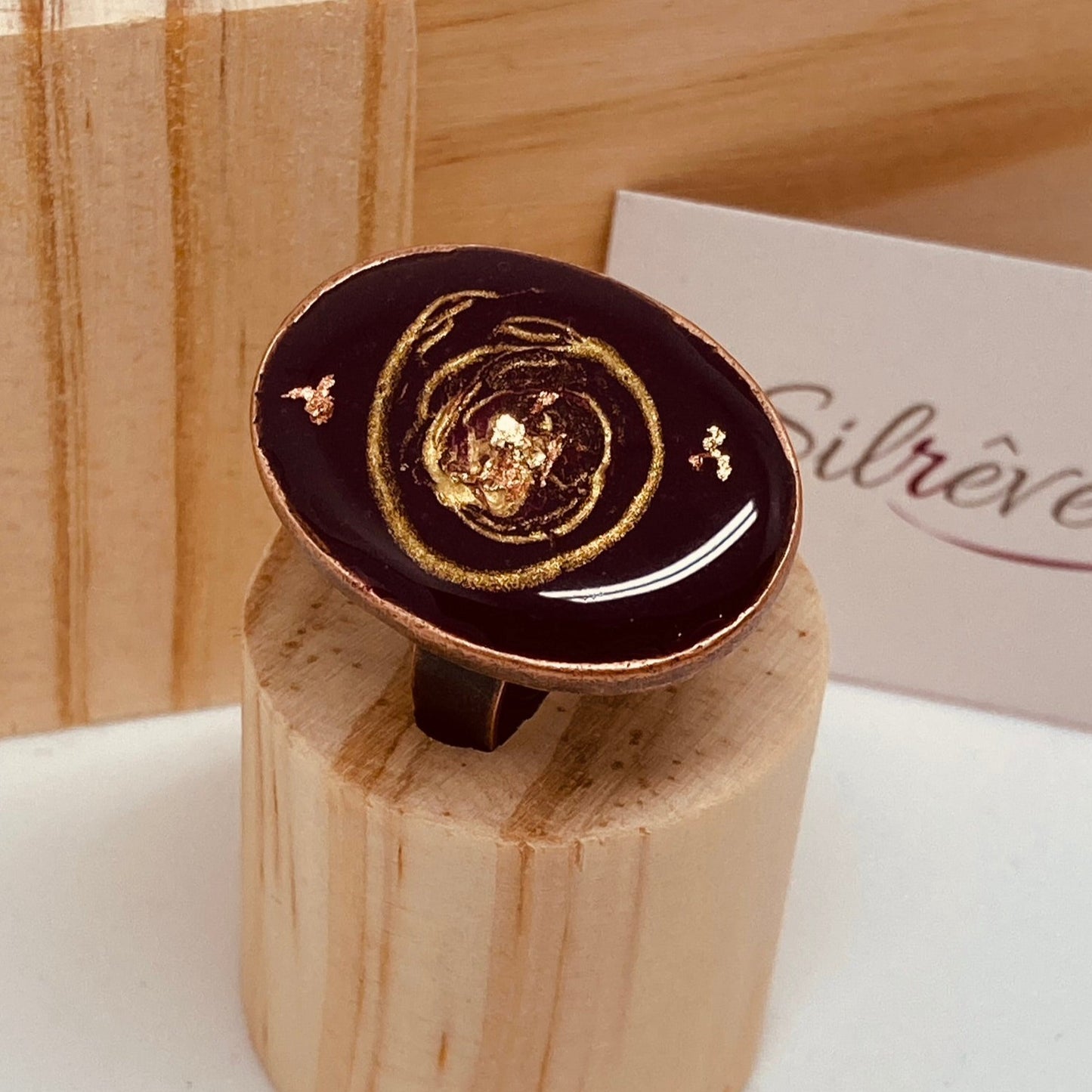 Oval copper ring, adjustable, hand painted and vitrified