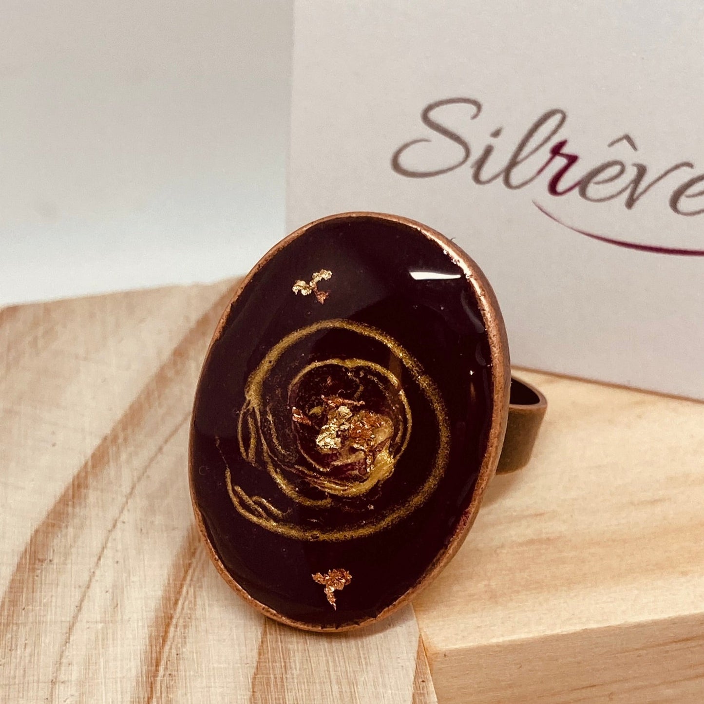 Oval copper ring, adjustable, hand painted and vitrified