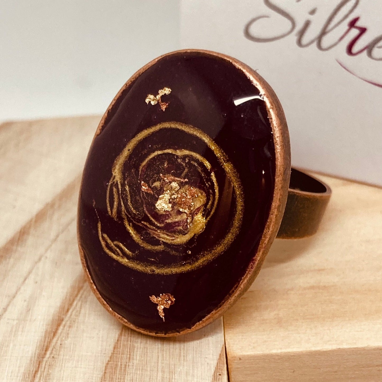 Oval copper ring, adjustable, hand painted and vitrified