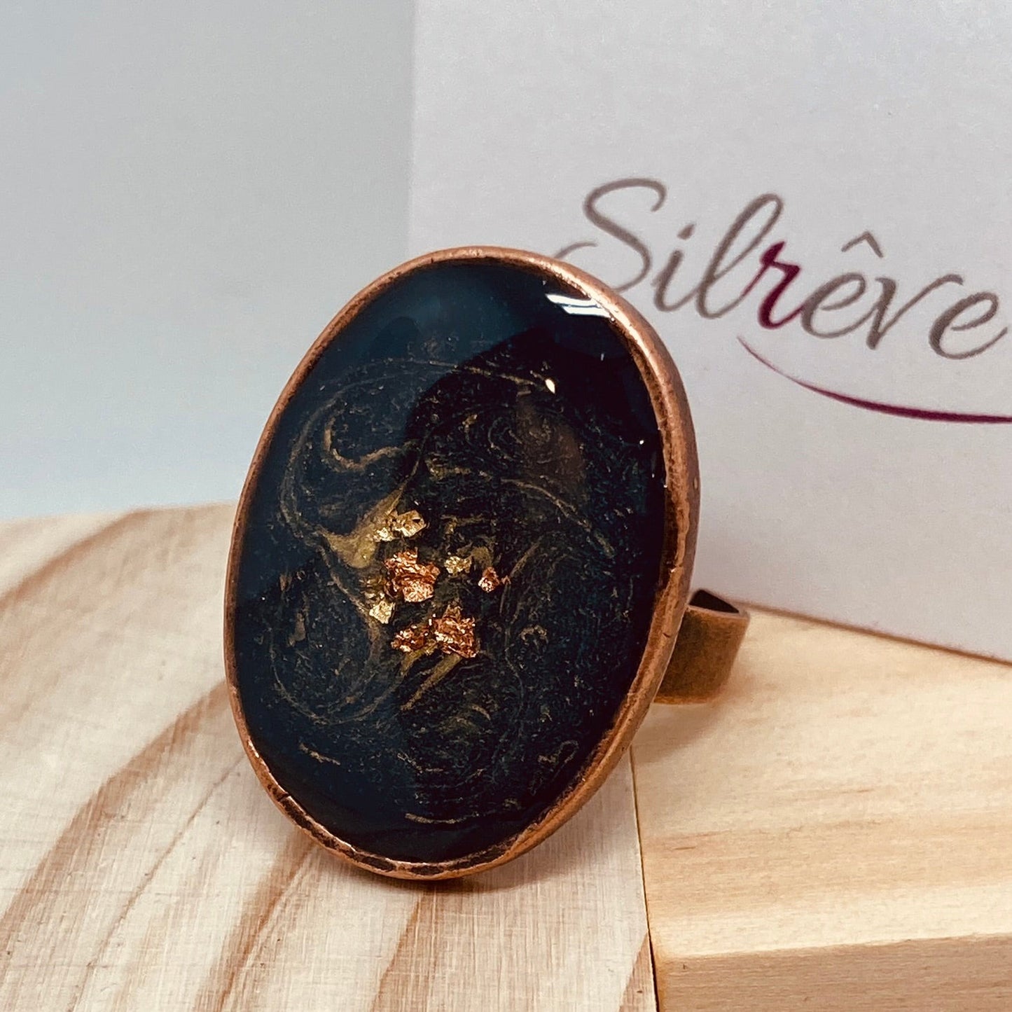 Oval copper ring, adjustable, hand painted and vitrified